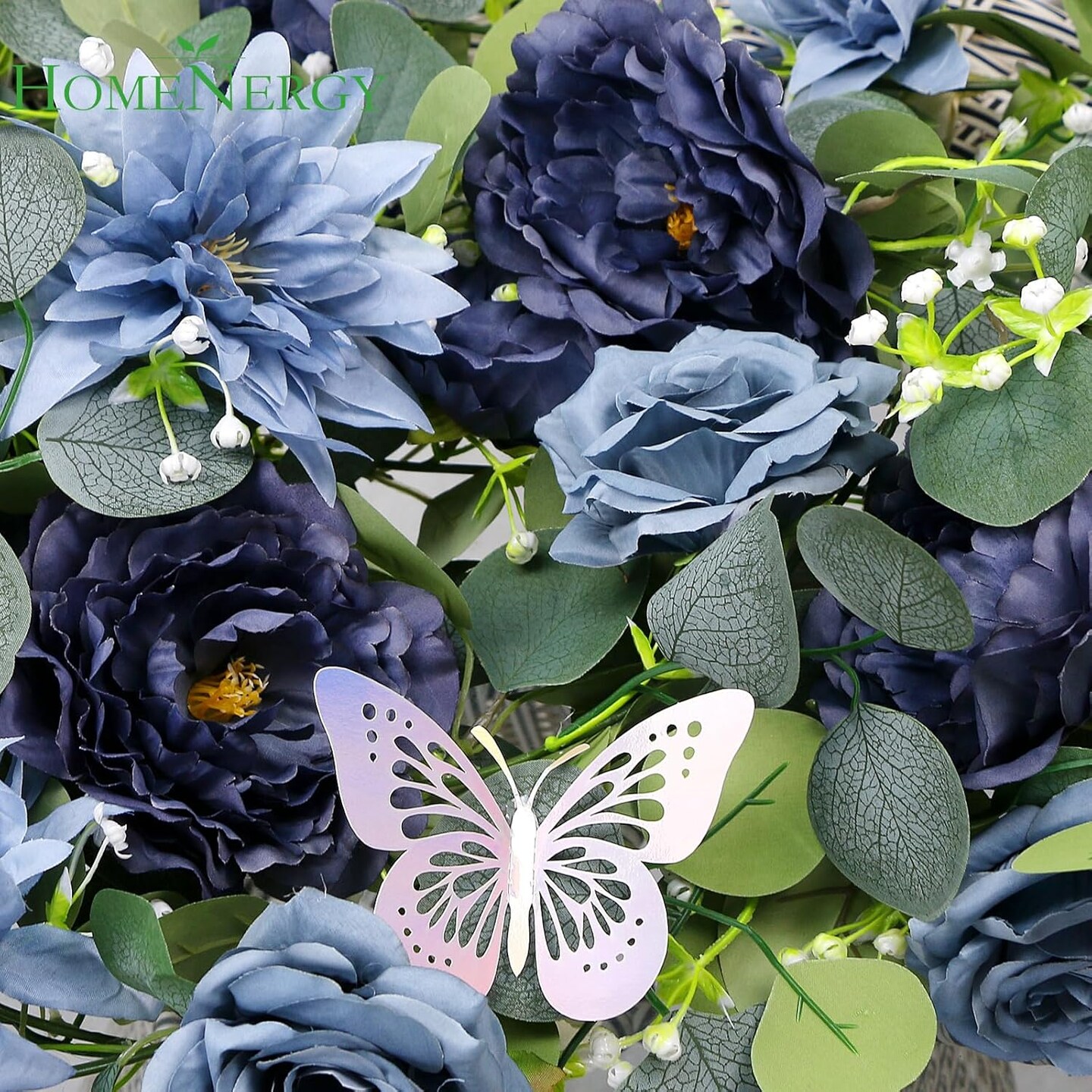 Eucalyptus Spring Garland with Flowers - 2 Pack 5.9 FT Fake Flower Garland with Butterflies Faux Rose Greenery Garlands for Wedding Table Backdrop Arch Centerpieces Decorations - Navy Blue