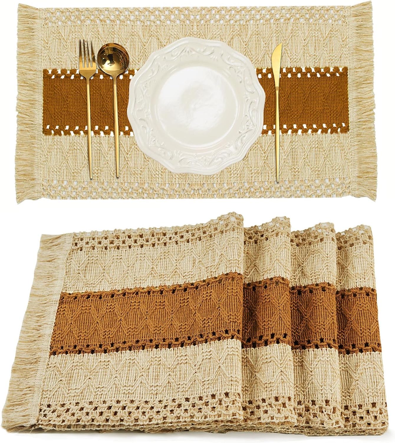Set of 4 Macrame Boho Placemats Table Decor (Caramel)