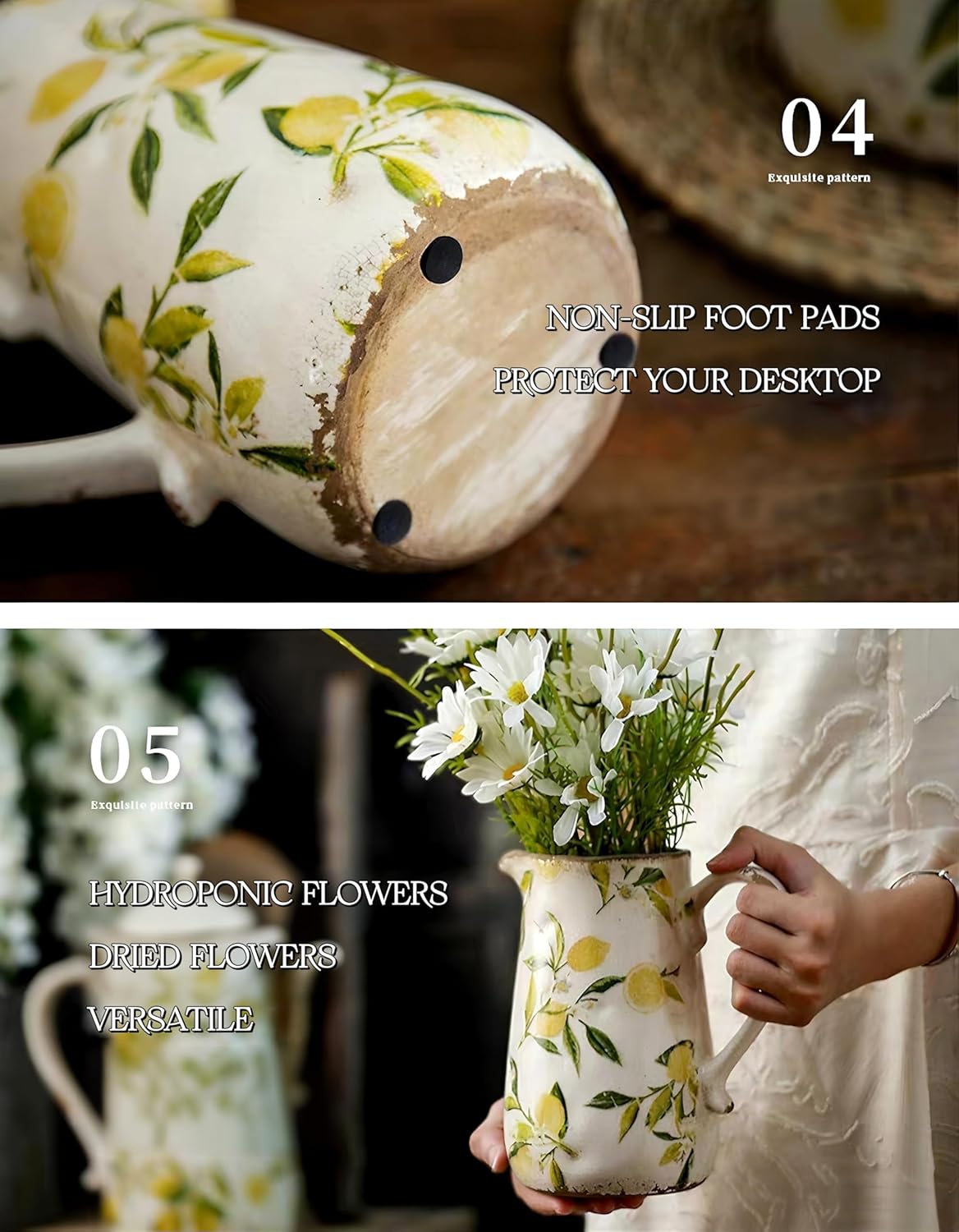 Summer Vintage Lemon Ceramic Vase with Handle, Retro Ice Glazed Crack Farmhouse Pitcher Vase for Home Decor, Living Room, Shelf, Office, Rustic Table Centerpiece 9 Inch