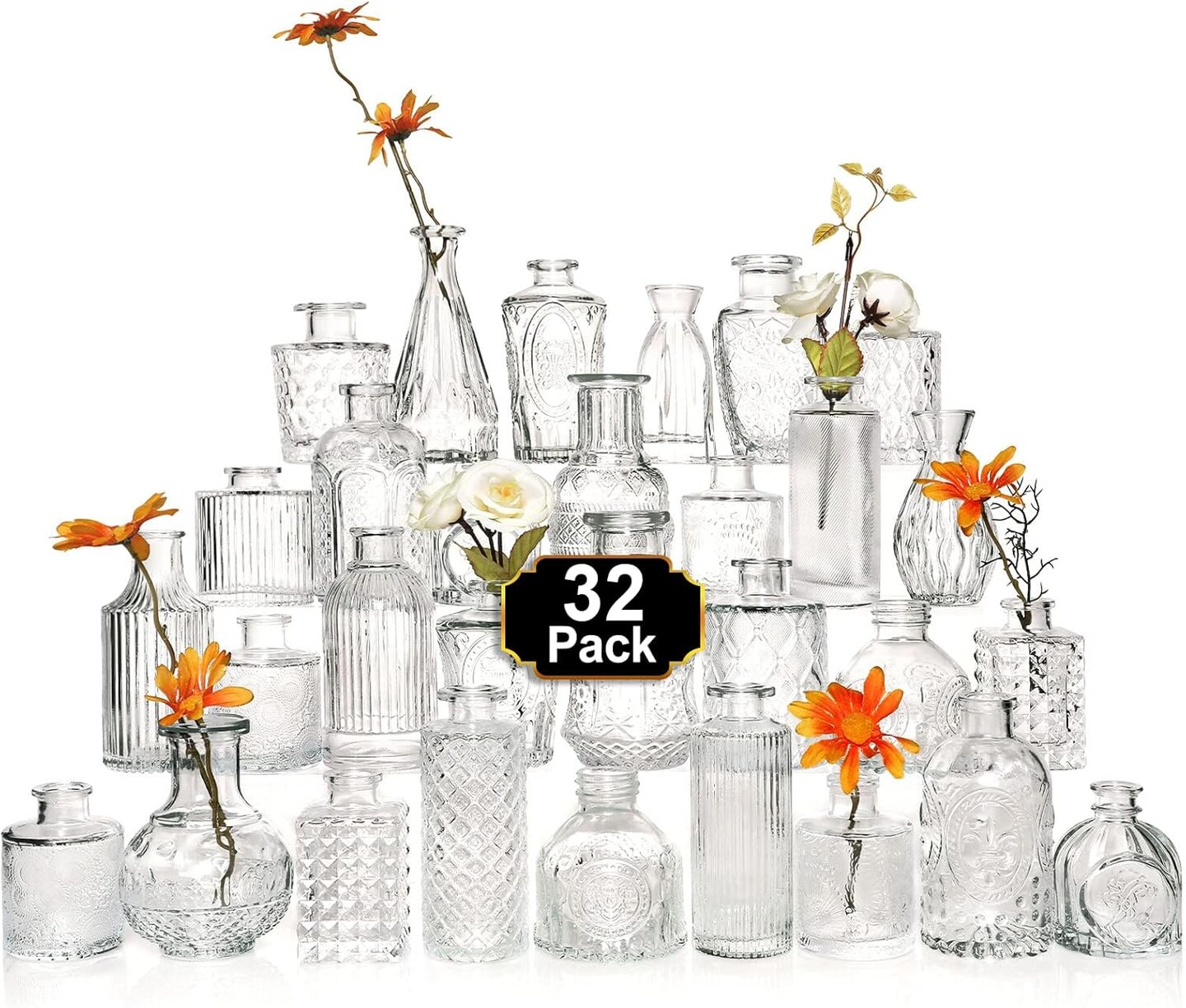Set of 32 Clear Glass Bud Vases – Small Vintage Vases for Rustic Wedding & Home Decor