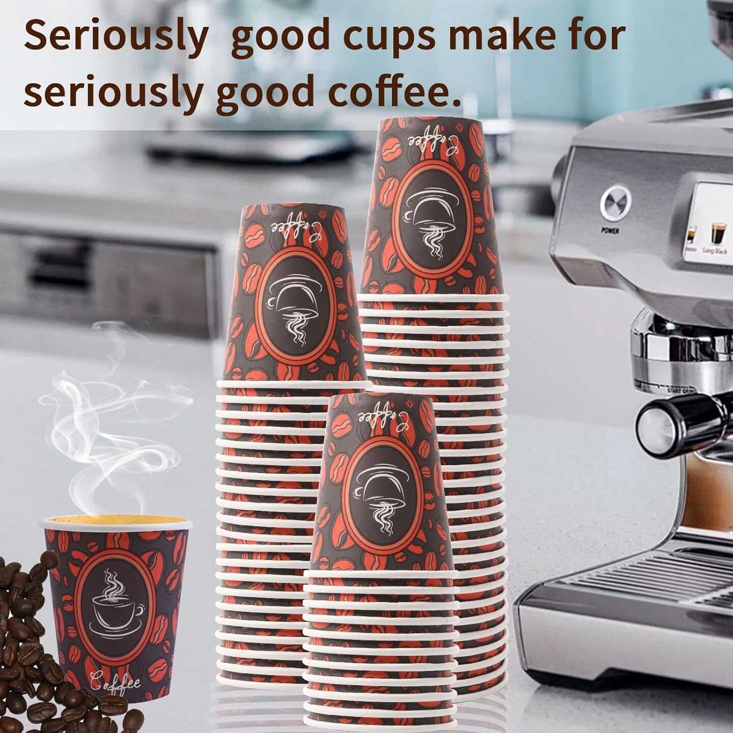 Disposable Paper Coffee Cups with Lids, Perfect For Tea & Hot Drinks - 100 Pack (8 oz, Coffee Bean Design)