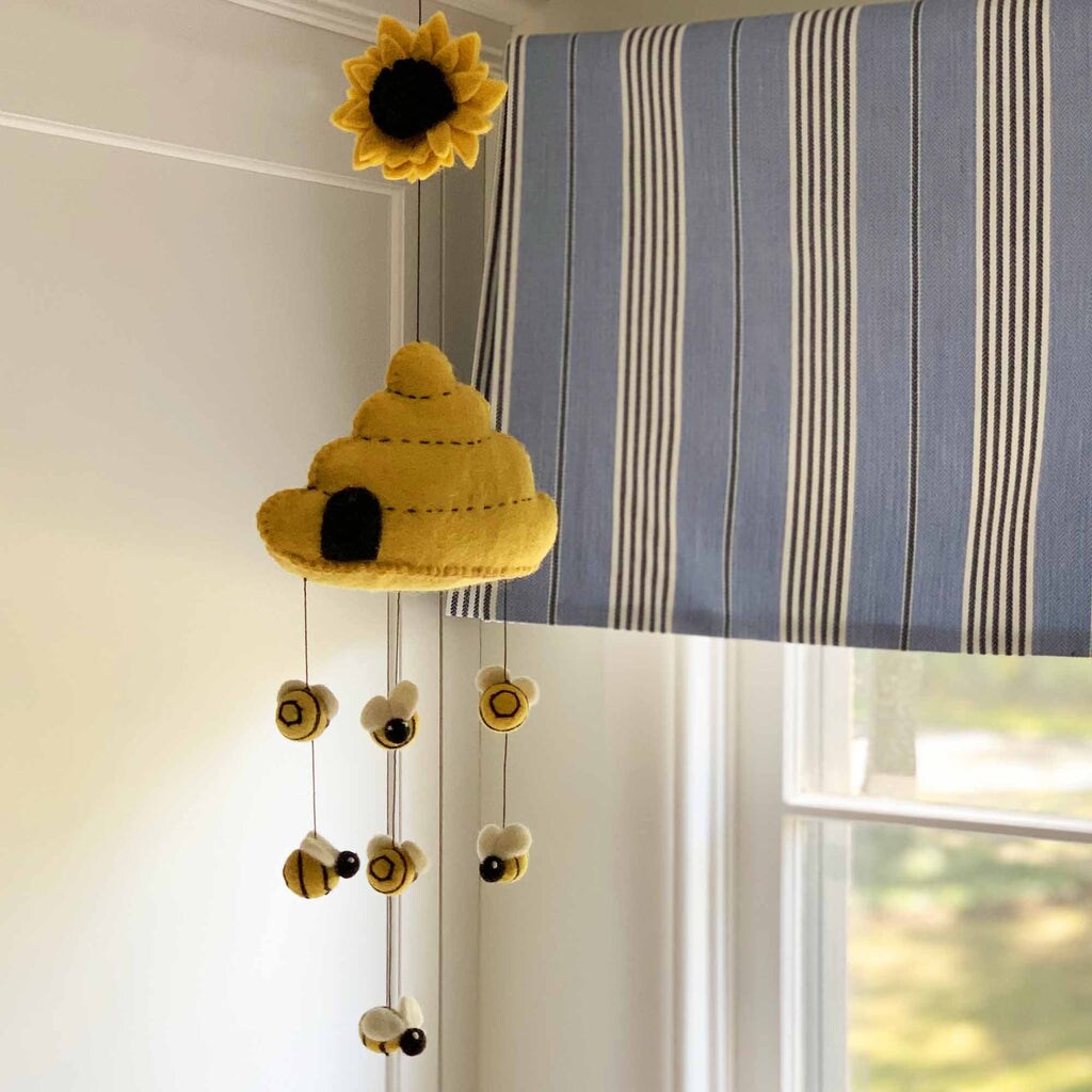 Handmade Yellow Felt Beehive Mobile with Bees Hanging Decoration Approx 24 Inches for Nursery