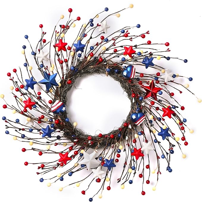 Patriotic Memorial Day Wreath for Front Door, 20 Inch 4th of July Door Wreaths, Red White Blue Berry Twig Wreath with Heart for National Holiday Flag Day for Window Porch, Table Decor