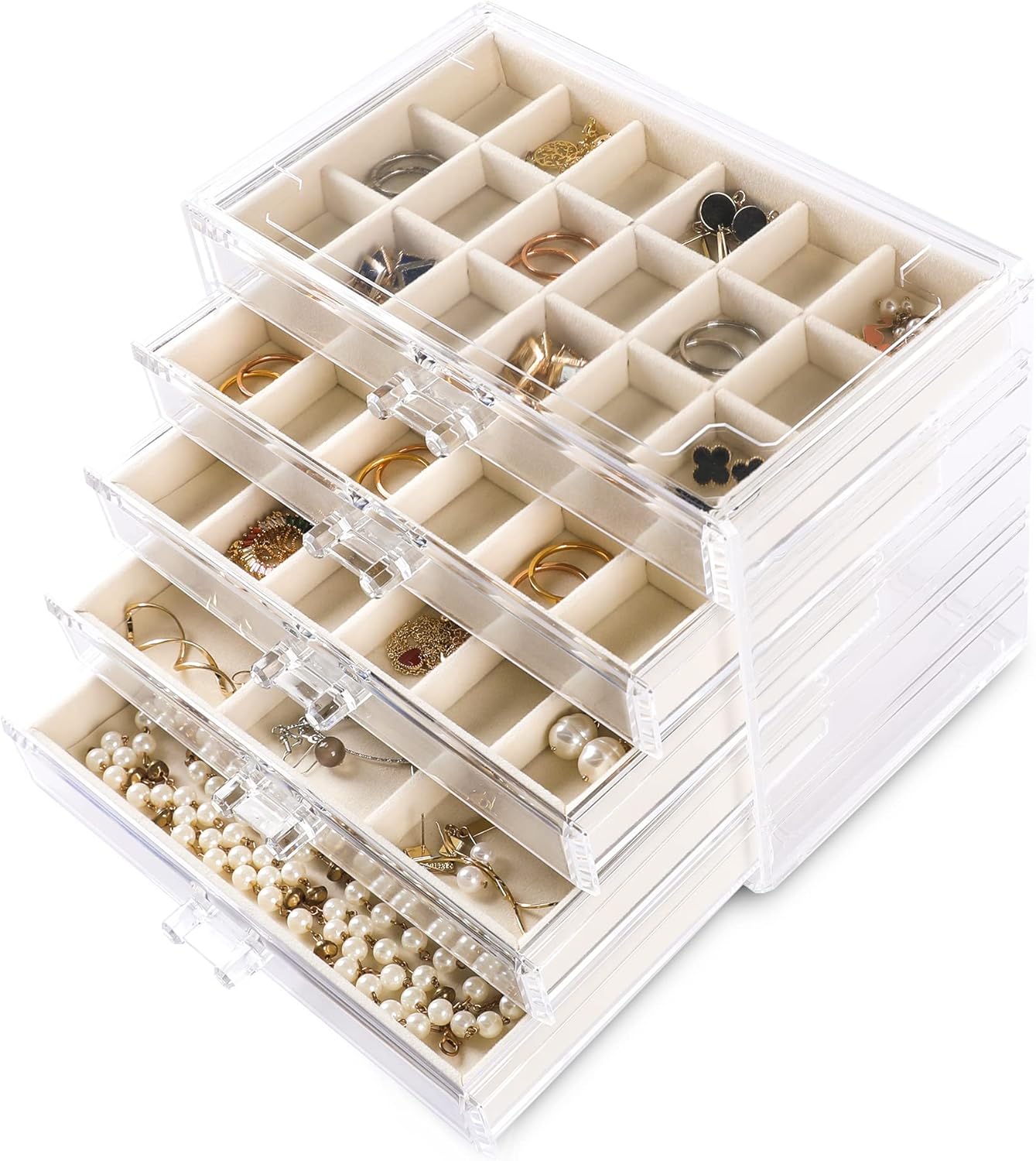 Acrylic Jewelry Organizer Earring Organizer Box with 5 Drawers Earring Holder Organizer with Velvet Trays Clear Jewelry Box for Women Earring Display for Rings Studs(Beige)