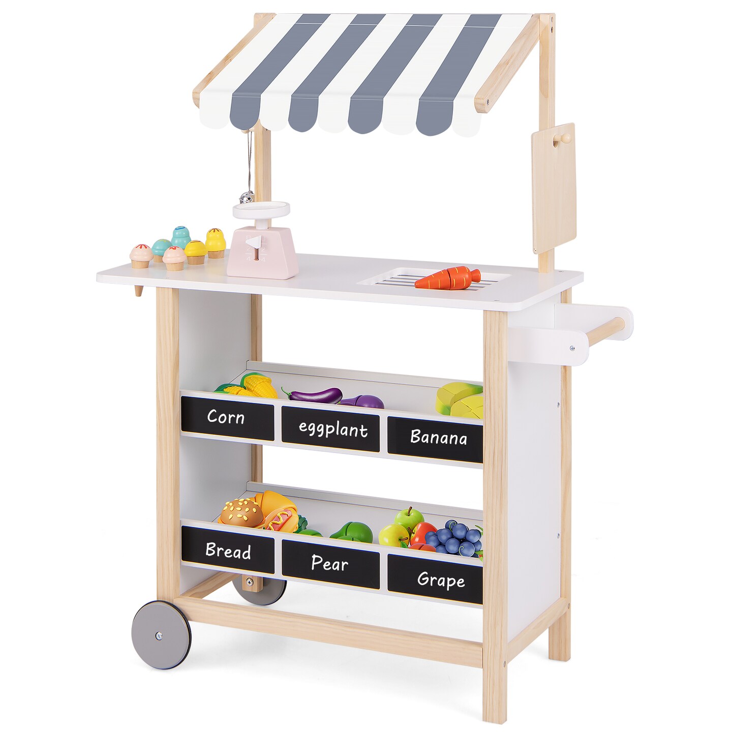 Wooden Ice Cream Cart for Children with Chalkboard Storage and Toy Pieces