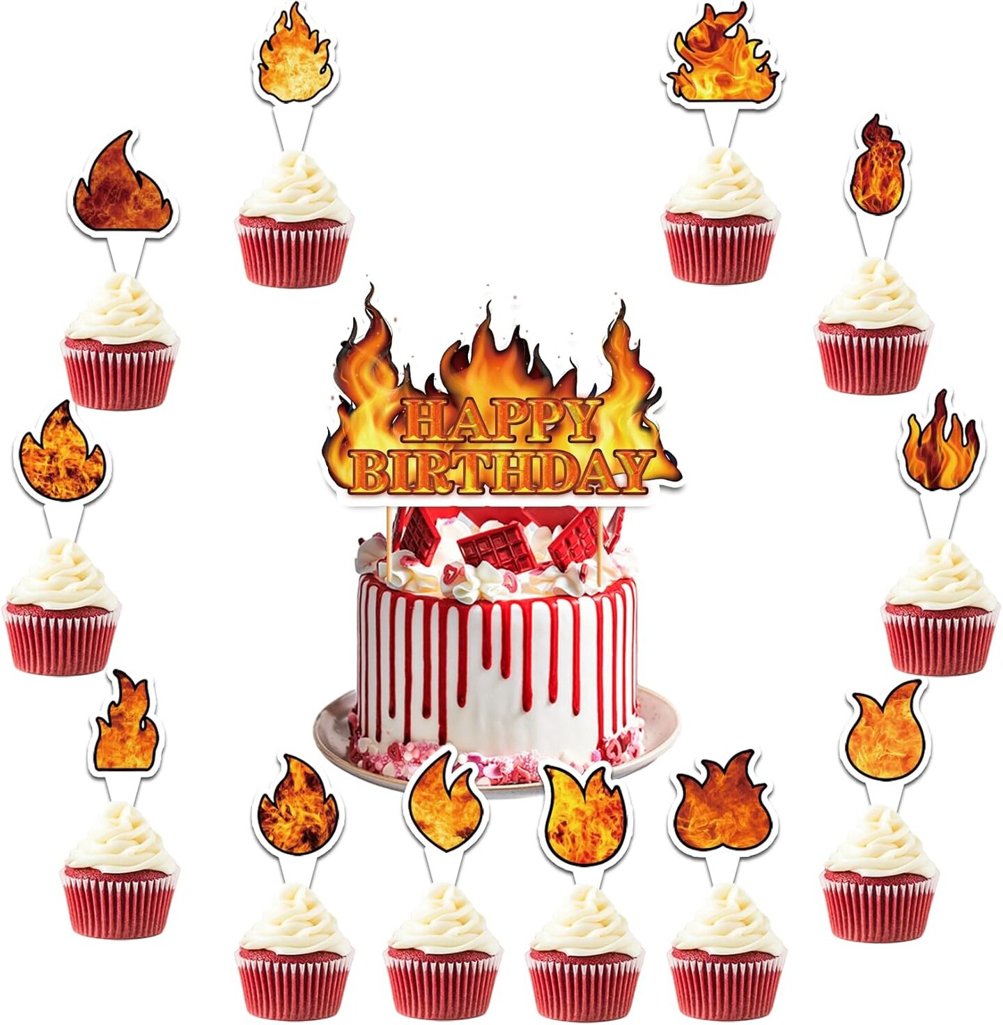 25 Pcs Fire Cake Topper Cupcake Toppers Fire Cake Decorations for Firefighter Party Decorations Fire Truck Birthday Party Supplies