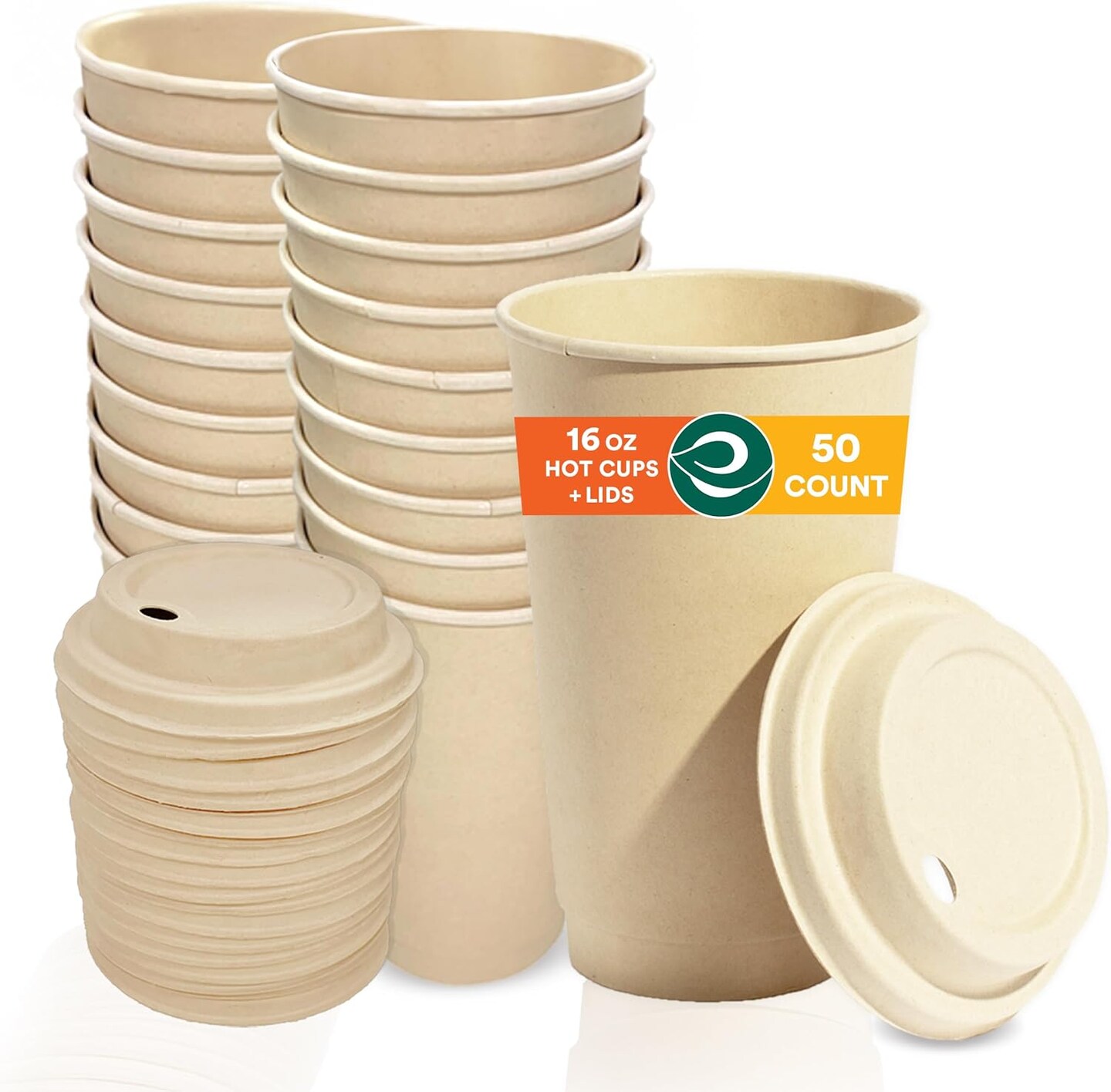 100% Compostable Plant-Based 16oz Hot Cups with Compostable Lids | (50 Count, 16 oz Hot Cups) | Disposable Bagasse Paper | Eco-friendly | Sturdy, Microwave & Oven Safe