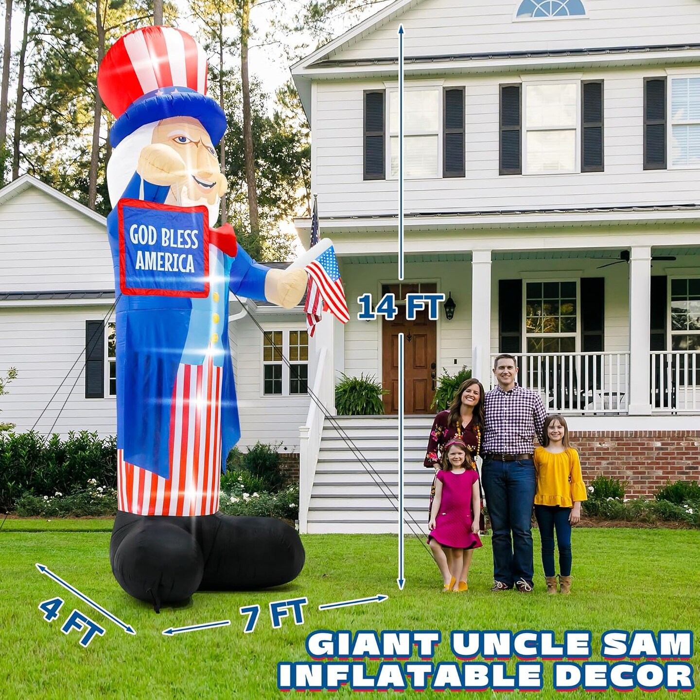 14ft 4th of July Inflatable Uncle Sam Outdoor Decoration - Giant Blow Up with "God Bless America" Sign & US Flag - Patriotic LED Lighted Decor for Yard, Garden & Independence Day Party