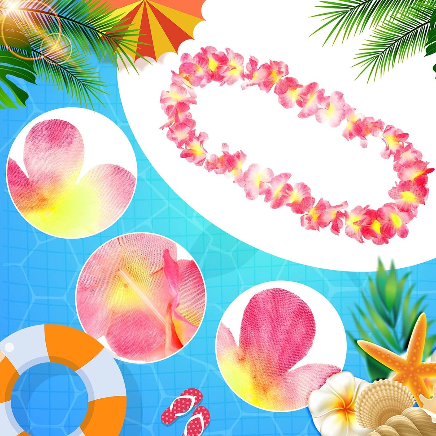 24 Counts Hawaiian Leis Necklace Tropical Flower Lei Floral Luau Party Decorations Hawaiian Flower Luau Necklaces Hula Dance Garland Headbands for Beach Birthday Wedding Party(Pink)