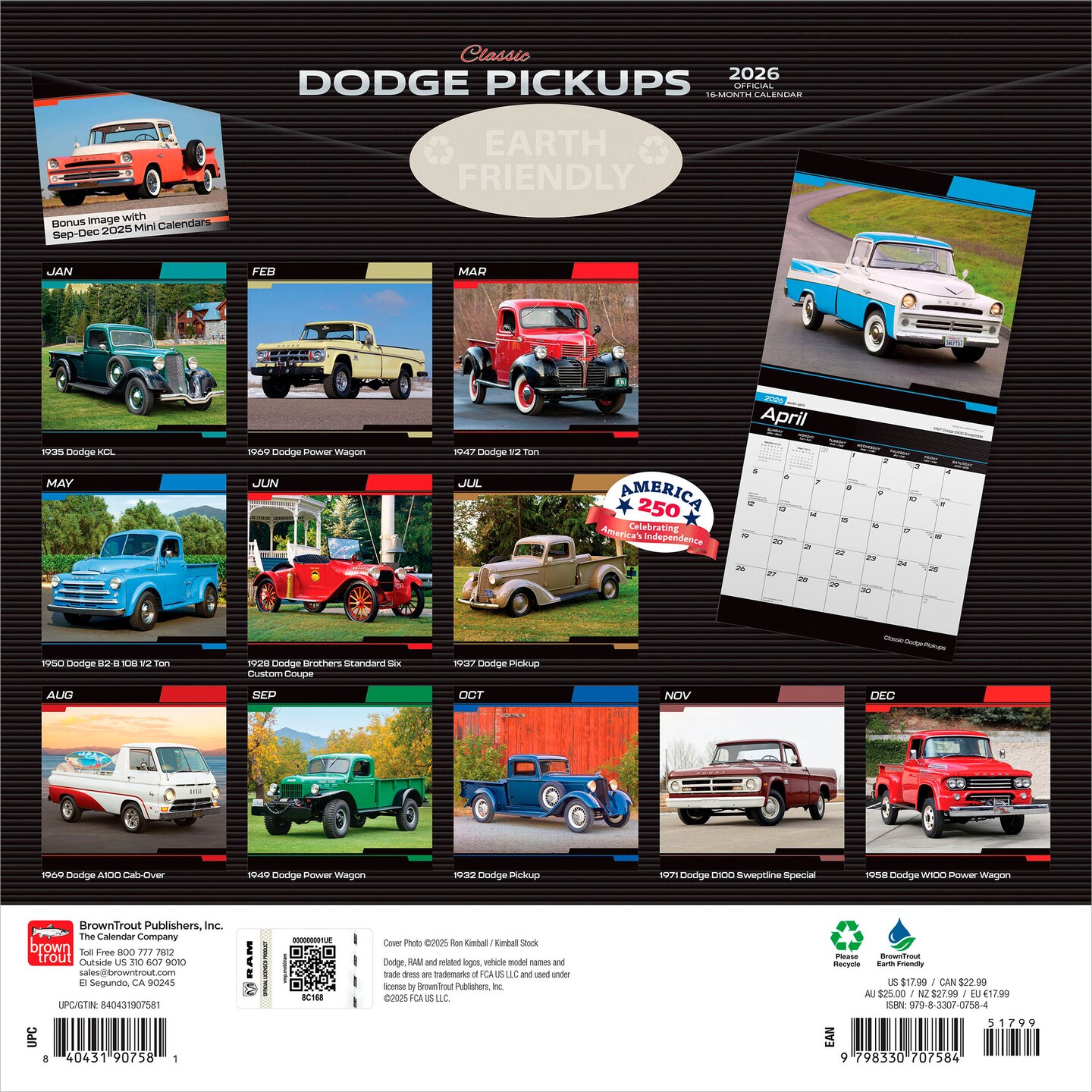 Classic Dodge Pickups OFFICIAL | 2026 12 x 24 Inch (Hanging) Monthly Square Wall Calendar | Foil Stamped Cover | Plastic-Free | BrownTrout | Truck Motor