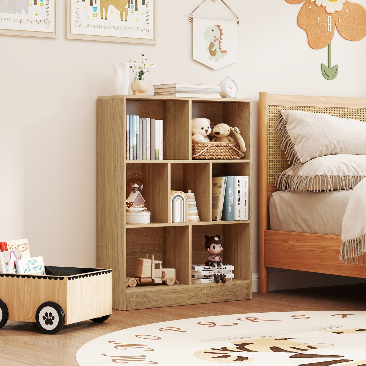 Natural Wooden Toy Storage Organizer with Open 7 Cubes Shelves for Kids Room Playroom or Daycare Use