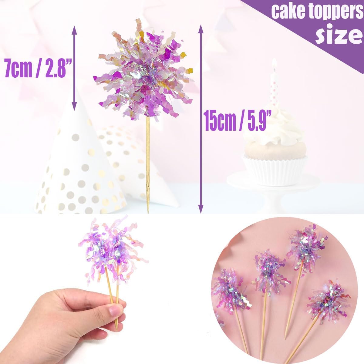 30Pcs Cupcake Toppers, Cake Decorating Kits, Sparkle Tinsel Firework Cake Toppers, Toothpicks Toppers For Baby Shower Diy Birthday Party Wedding Valentine&#x27;s Day (30pc-Mixed)