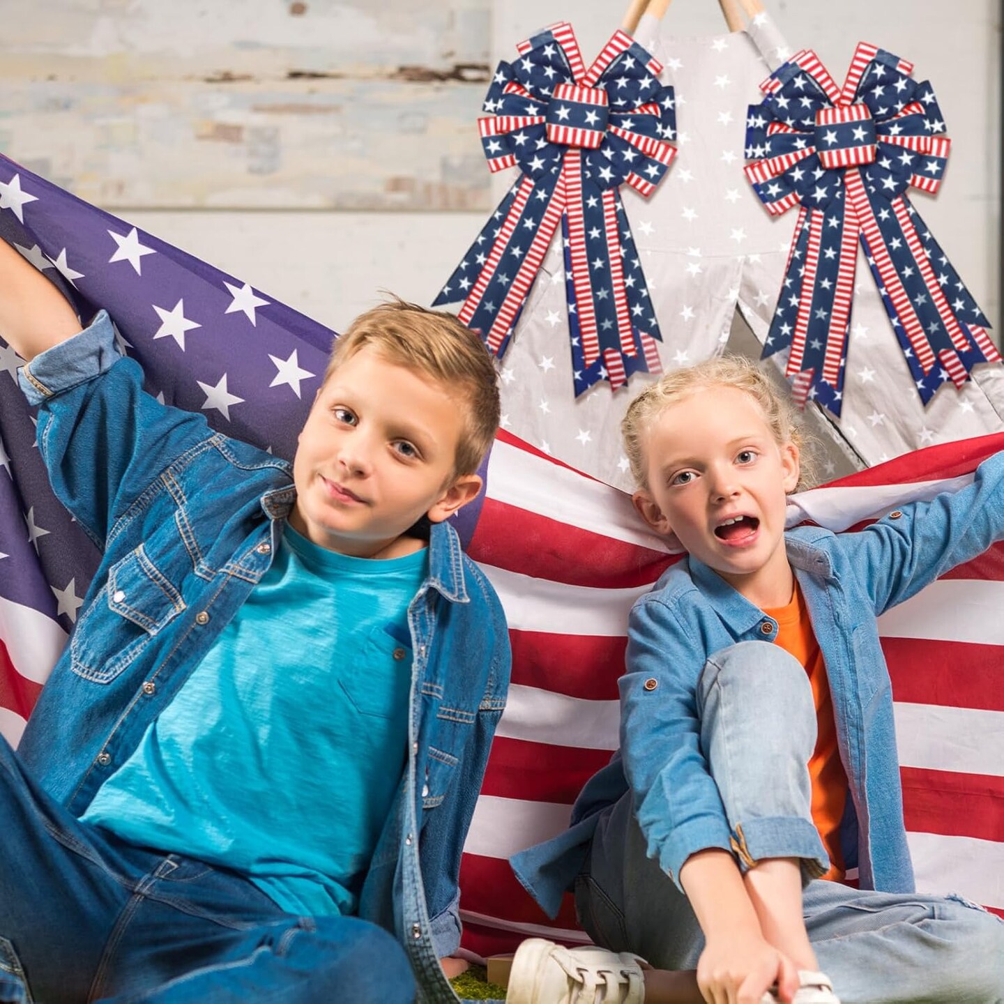 2 Pcs Patriotic Bows Red White Blue 4th of July Decor Stars Wreath Burlap Tree Topper American Flag Bow for Indoor Outdoor Independence Day Memorial Day Party Decoration