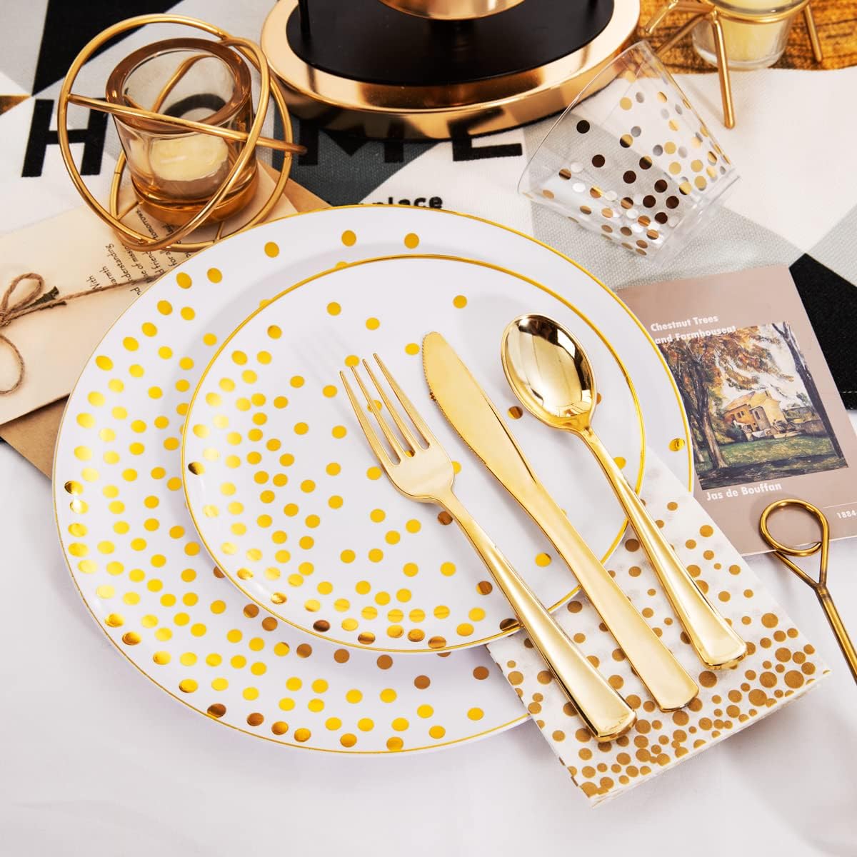 350-Piece White and Gold Plastic Dinnerware Set – 2025 Graduation Party Supplies, Featuring Gold Dot Plates, Napkins, Cups, and Cutlery for Graduation Celebrations.