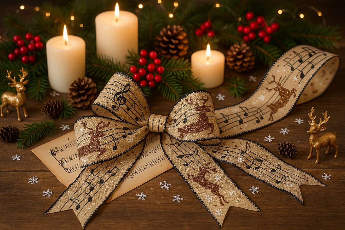 Designer’s Shop Christmas Musical Glitter Reindeer wired edge ribbon WR 63-5173 2.5” x 10 yards