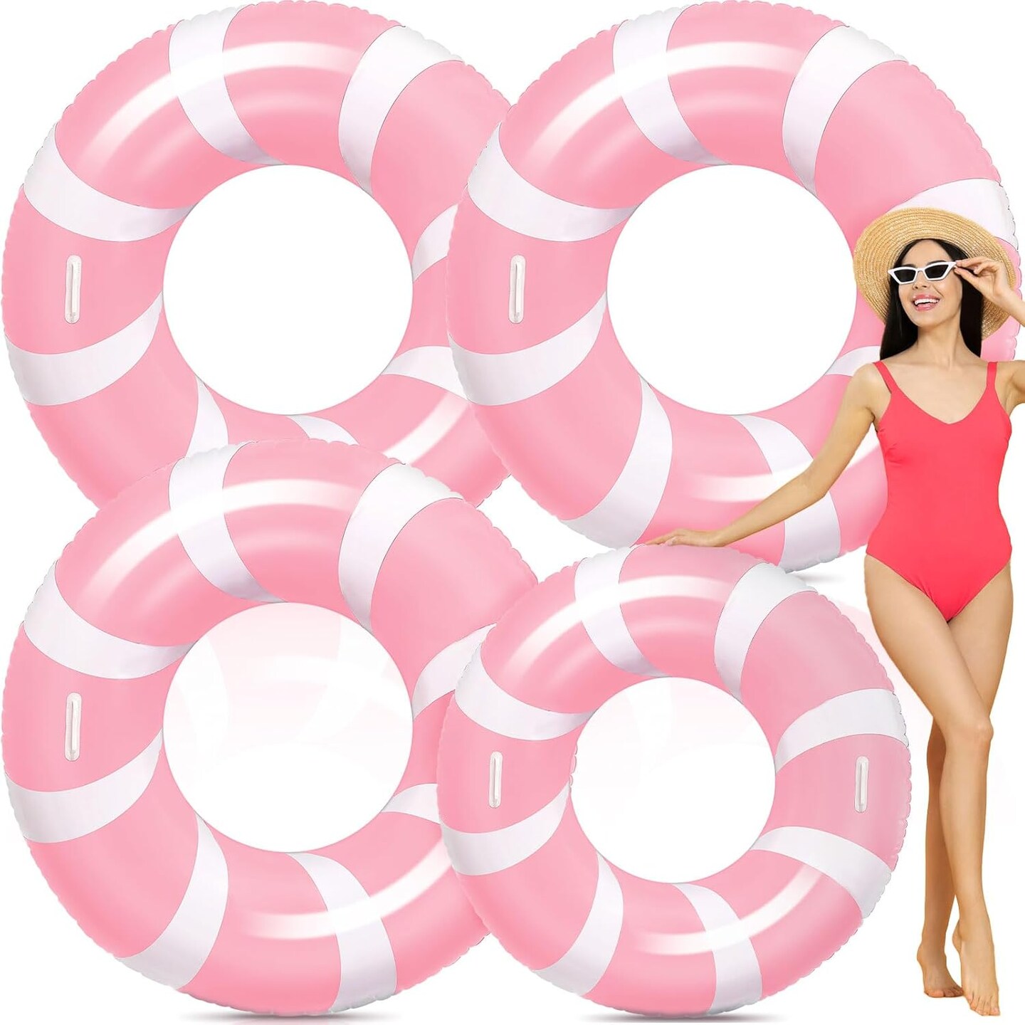 3 Pcs Jumbo Pink Swim Ring with Handles 47.24 Inches Inflatable Pool Float Tube Classic Striped Inflatable Swimming Pool Ring for Adults Summer Pool Lounger Rafts Beach Party Supplies