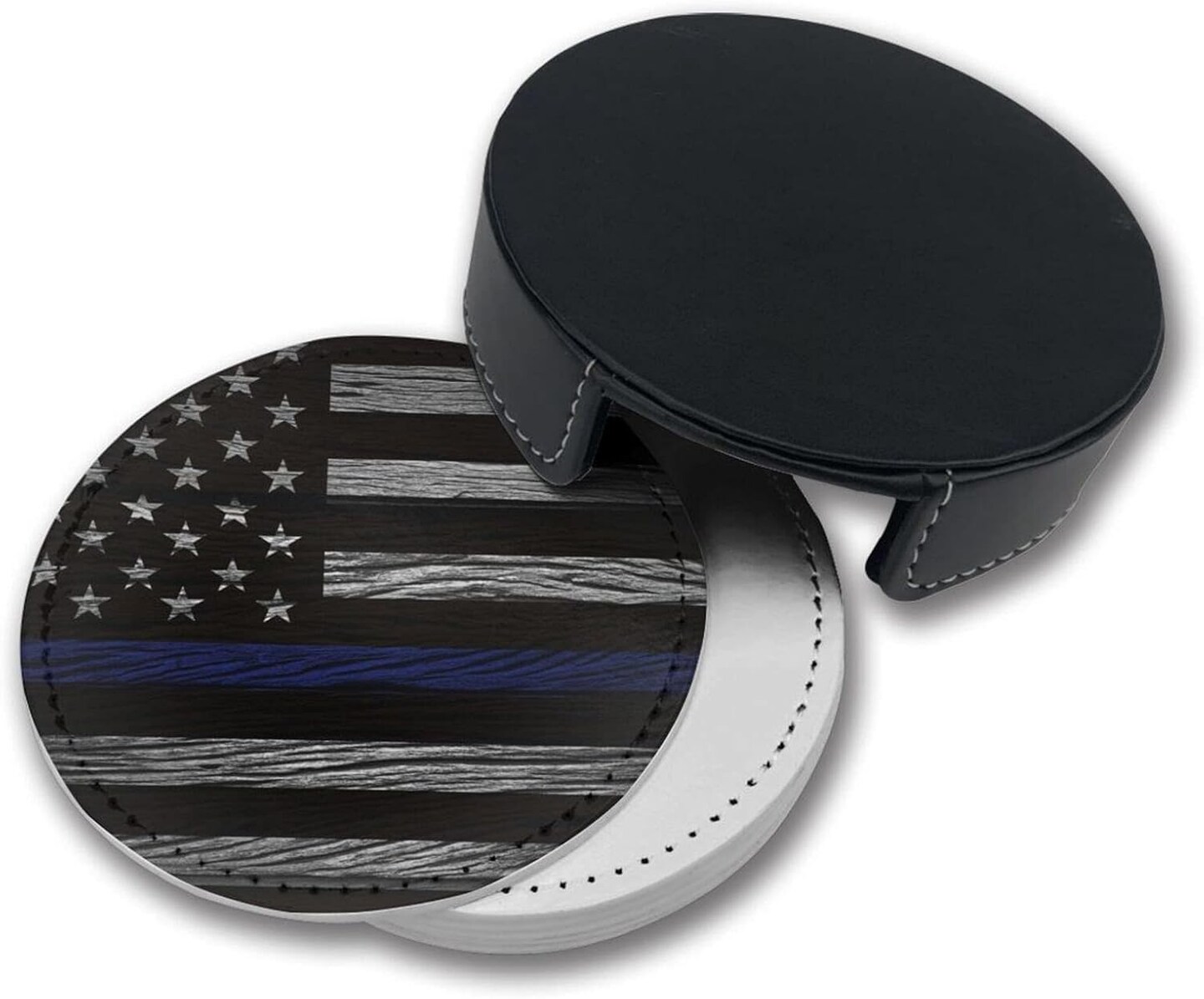 Thin Blue Line Leather Drinks Coasters with Holder Set of 6, Suitable for Kinds of Cups