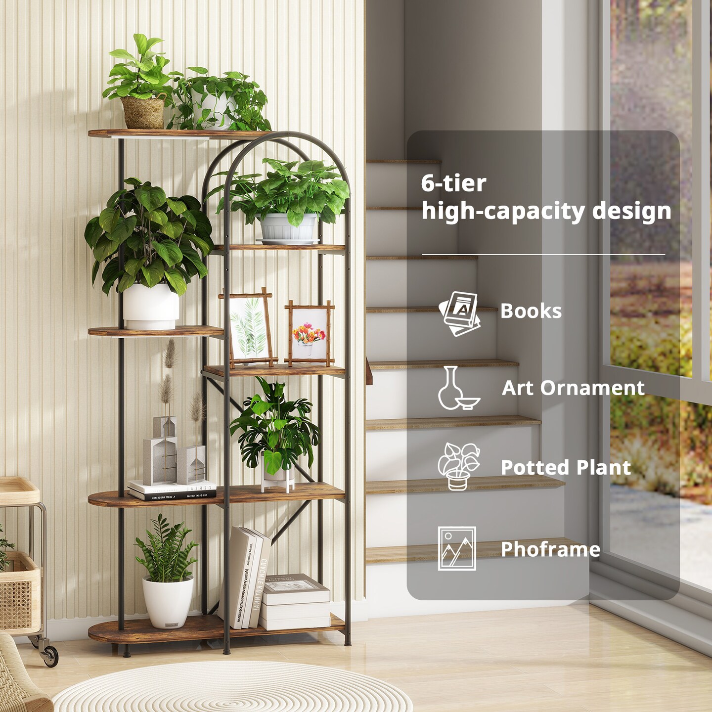 Plant Stand with Grow Lights, 6 Tier Plant Shelf Indoors, Corner Flower Display Stand for Multiple Plants , Multifunctional Storage Arch Large Capacity Plant Rack for Living Room, Balcony (Hot Color)