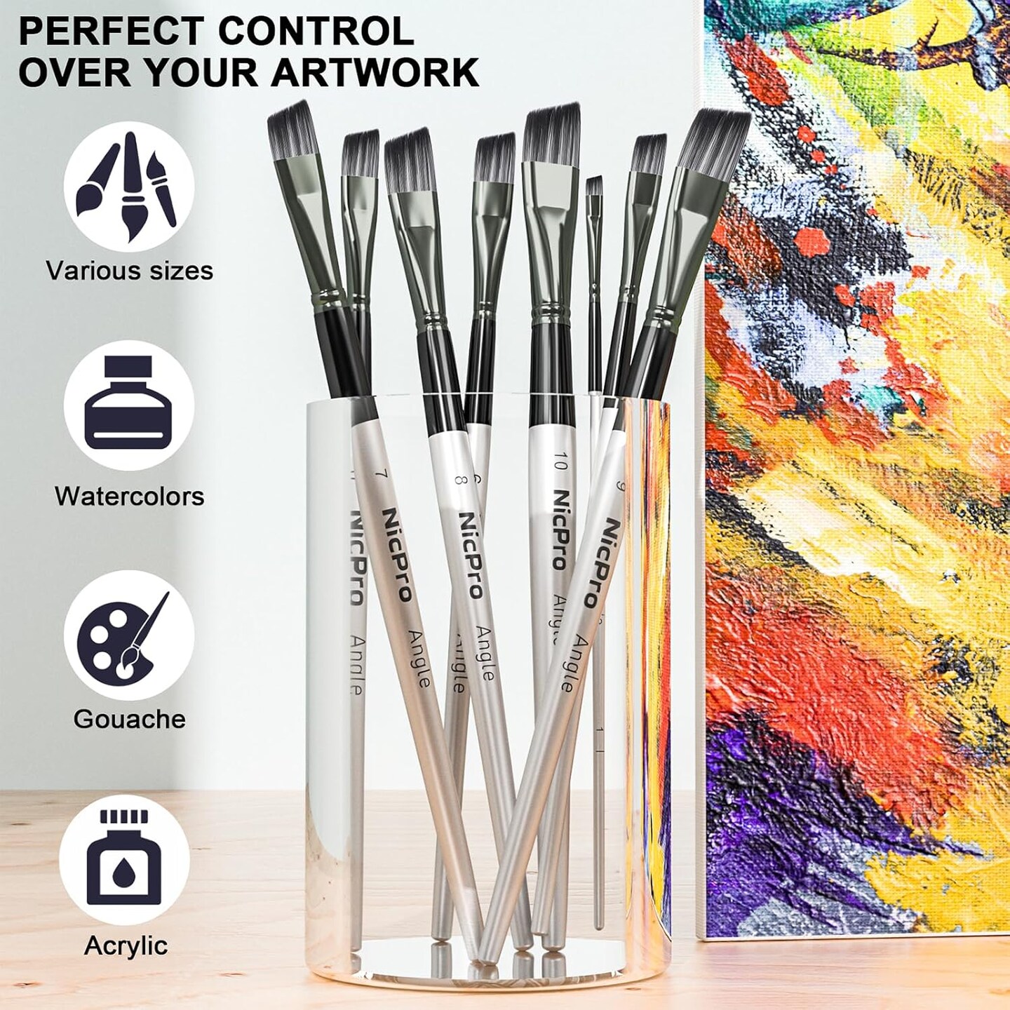 10 PCS Angular Paint Brush Set, Soft Anti-Shedding Nylon Hair Long Handle Angled Paint Brushes, Suitable for Artists and Beginners for Watercolor, Acrylics, Ink, Gouache, Oil, Tempera