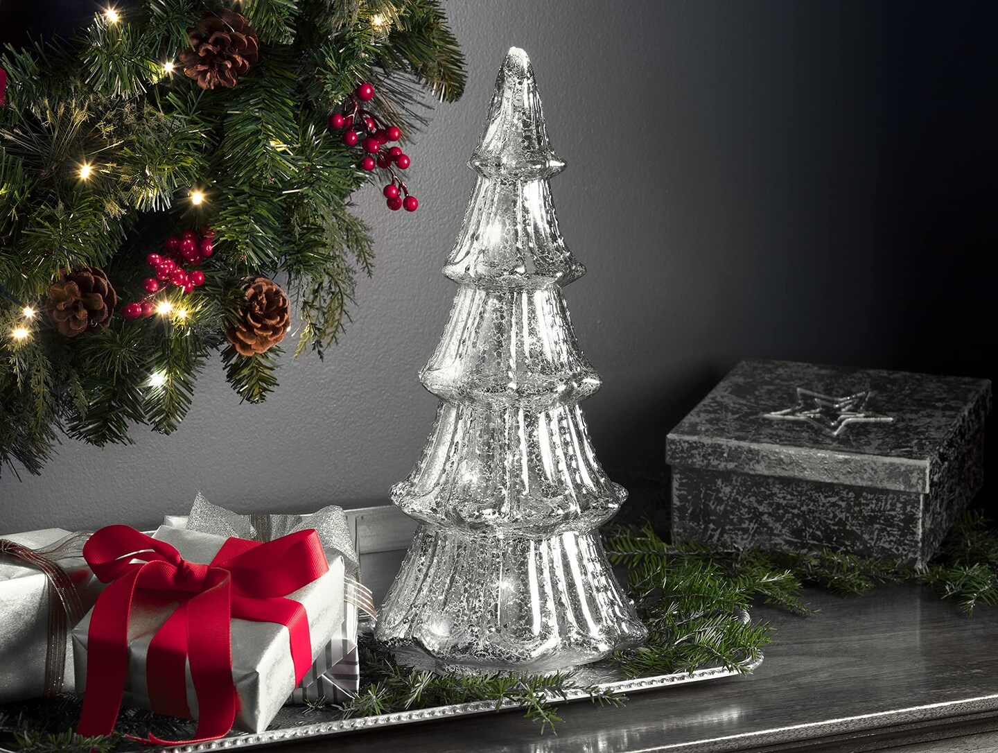 Haute Decor 14 Inch Battery Operated Lighted Mercury Glass Silver Christmas Tree with Built-in Timer and 20 Warm White LED Lights