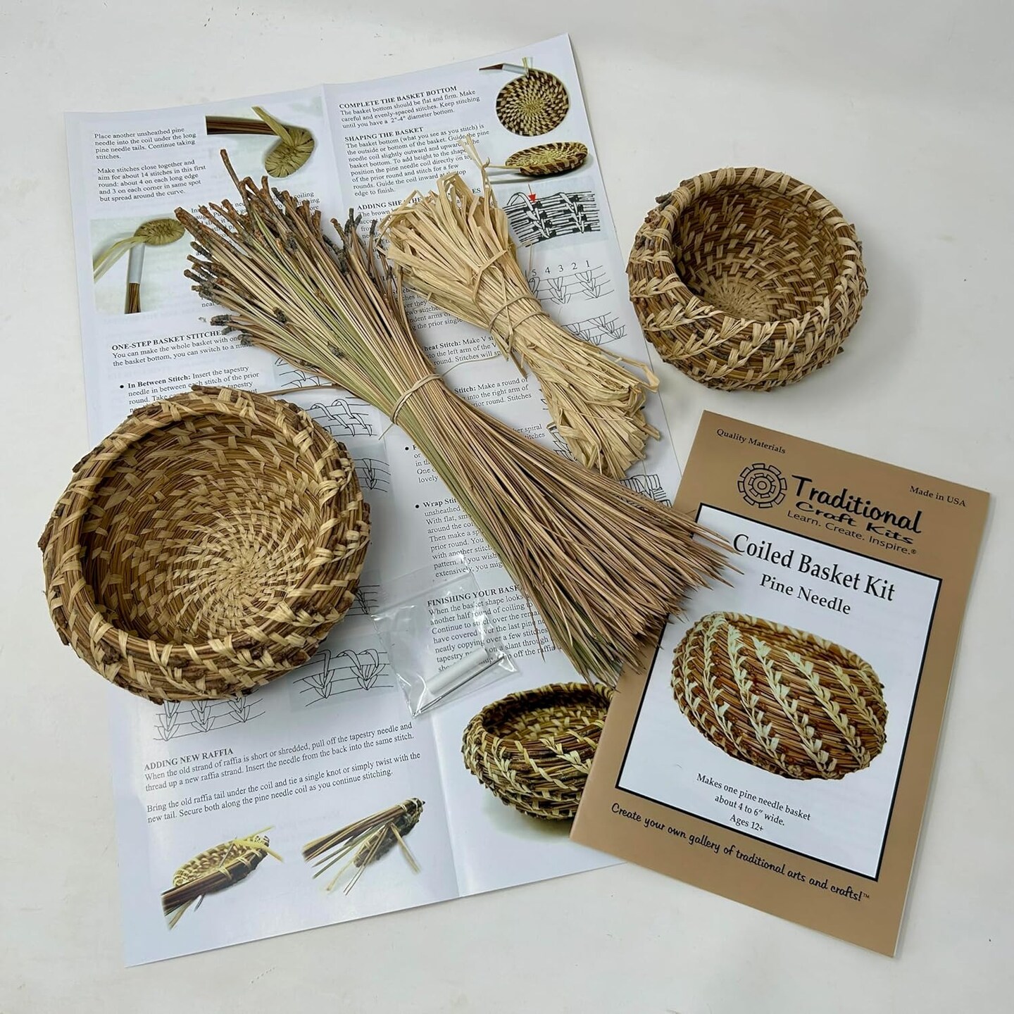 Coiled Basket Weaving Kit (Pine Needle) - Weave Kit for Kids and Adults Complete with Basket Weaving Supplies and Instructional Booklets