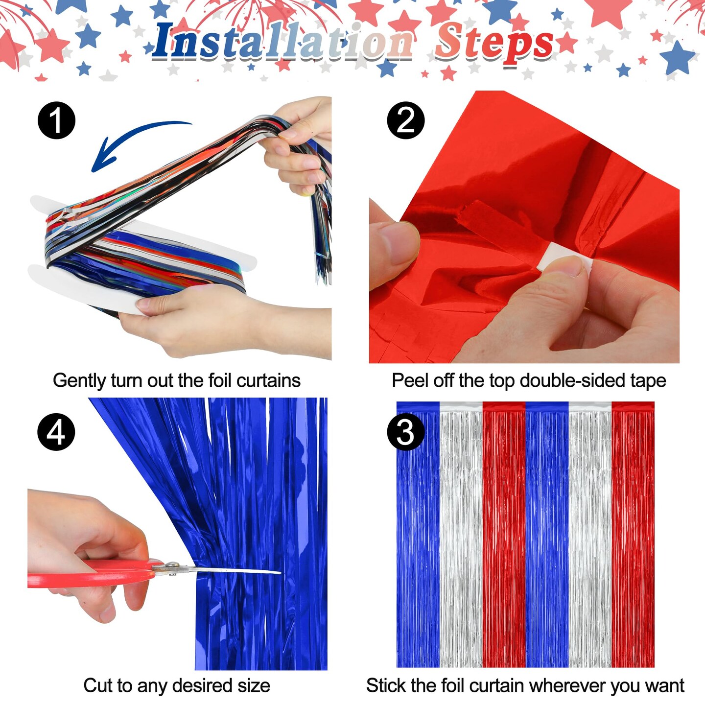 2 Pack 4th of July Party Supplies, 3.28 FT x 7.05 FT 4th of July Tinsel Backdrop, Blue Silver Red Color Fringe Curtains Streamer Backdrop, 4th of July Photo Backdrop Party Decorations