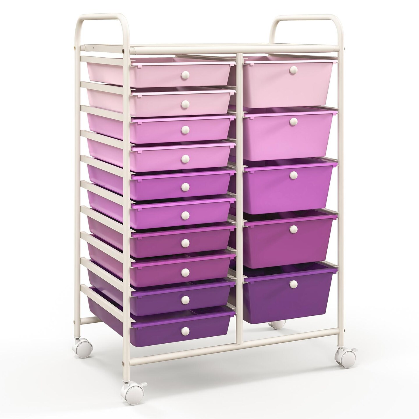 White Steel Frame Rolling Storage Cart with Purple Drawers and 15 Compartments