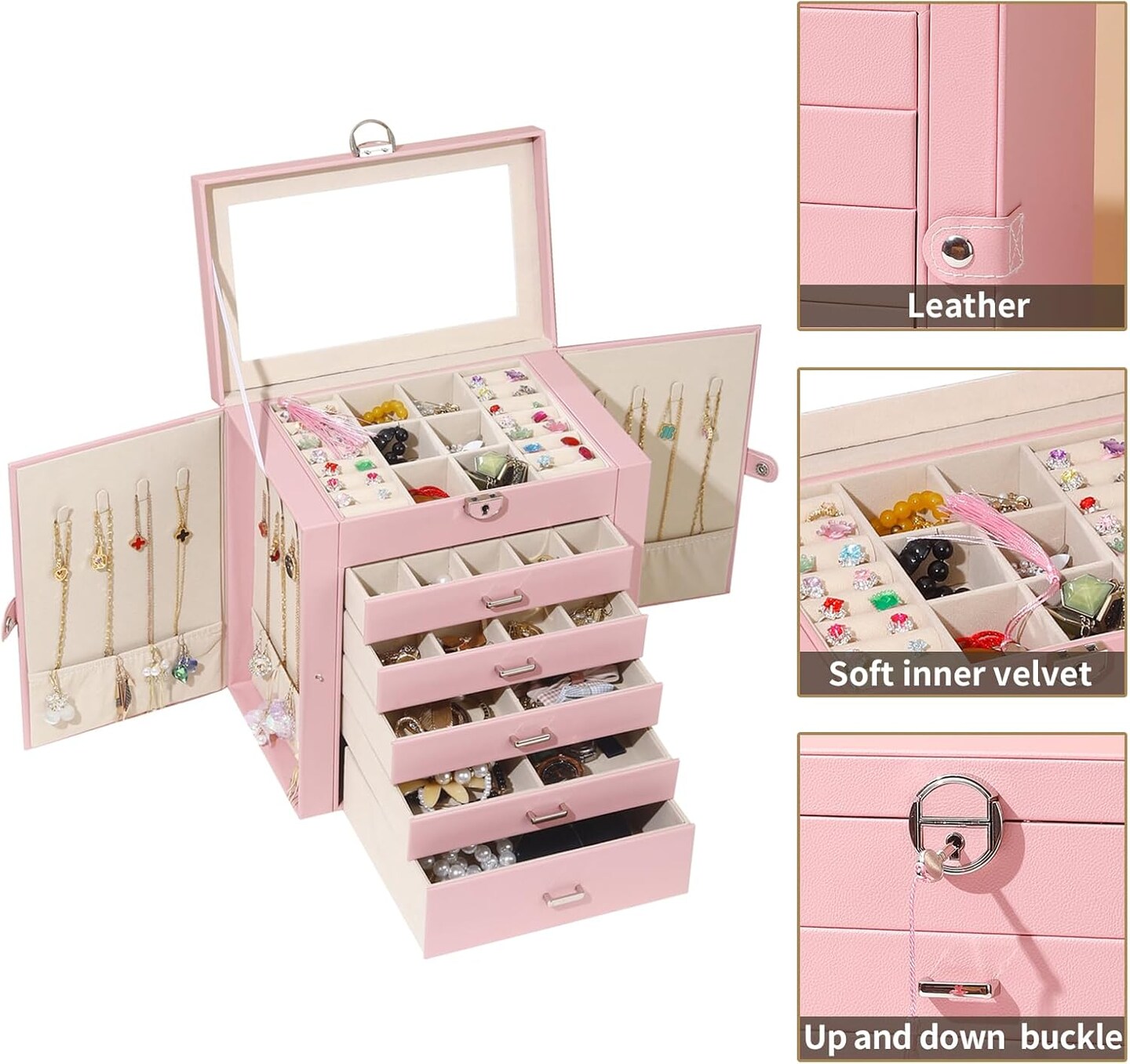 Jewelry Box For women, 6 Layer Large Jewelry Organizer With Mirror, Multi-Function Storage Box With Lock, Accessory Holder With 5 Drawers, For Earrings Necklace Ring Bracelet (Pink)