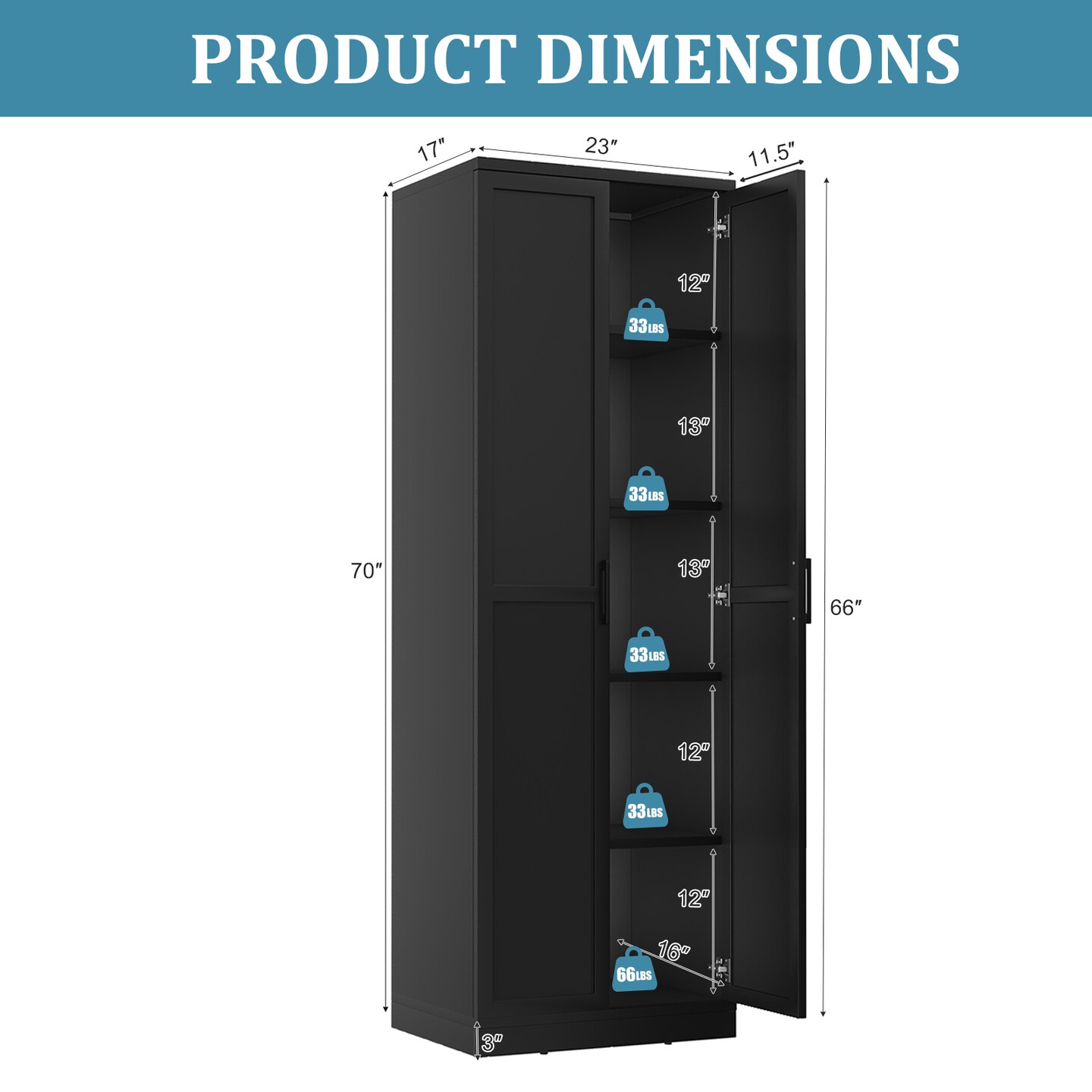 Black 5-Tier Multi-Purpose Storage Cabinet with Adjustable Shelves and Smooth Doors for Home Organization