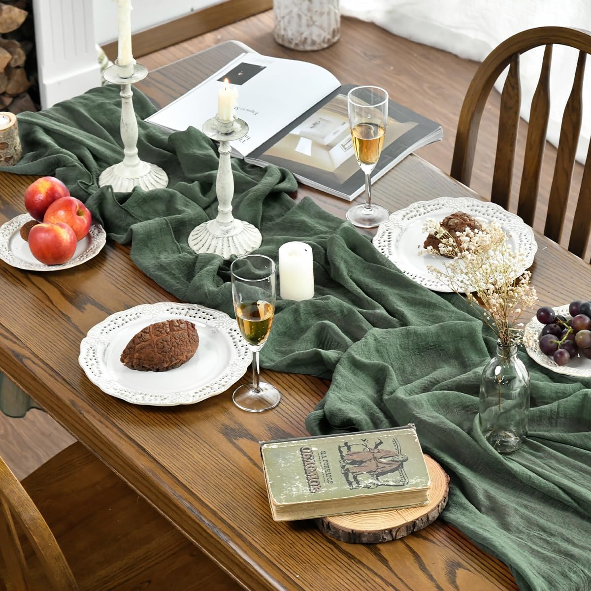 Boho Cheesecloth Gauze Forest Green Wedding Table Runner, 35x160 Inch Seasonal Fabric Kitchen Dining Holiday Table Decor for Home Party Indoor