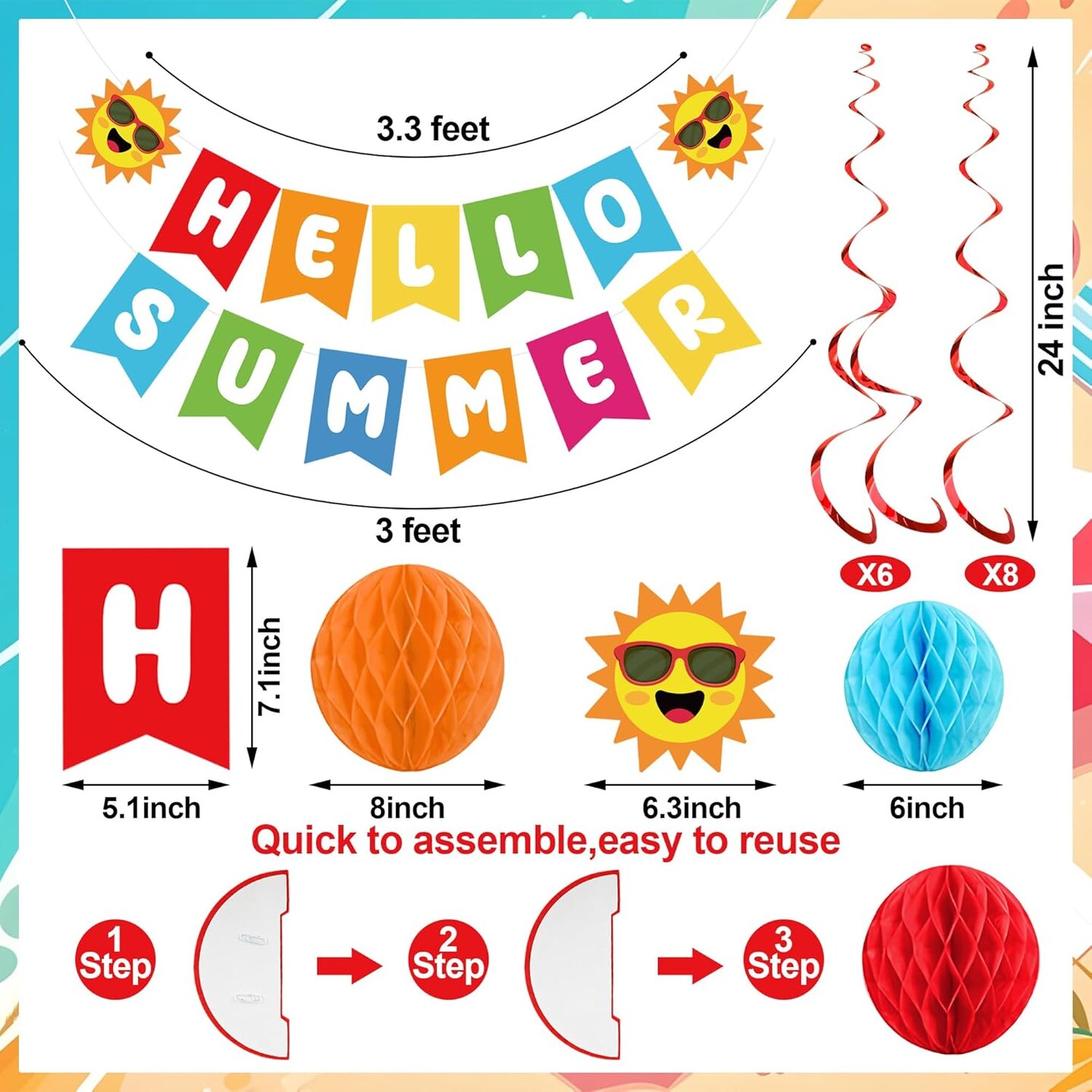 Summer Party Decoration Hello Summer Banner Colorful Beach Pool Theme Banners Pre-strung Pool Banner Hanging Swirls Honeycomb Balls Circle Dots Garland for Holiday Beach Party Decorations Supplies