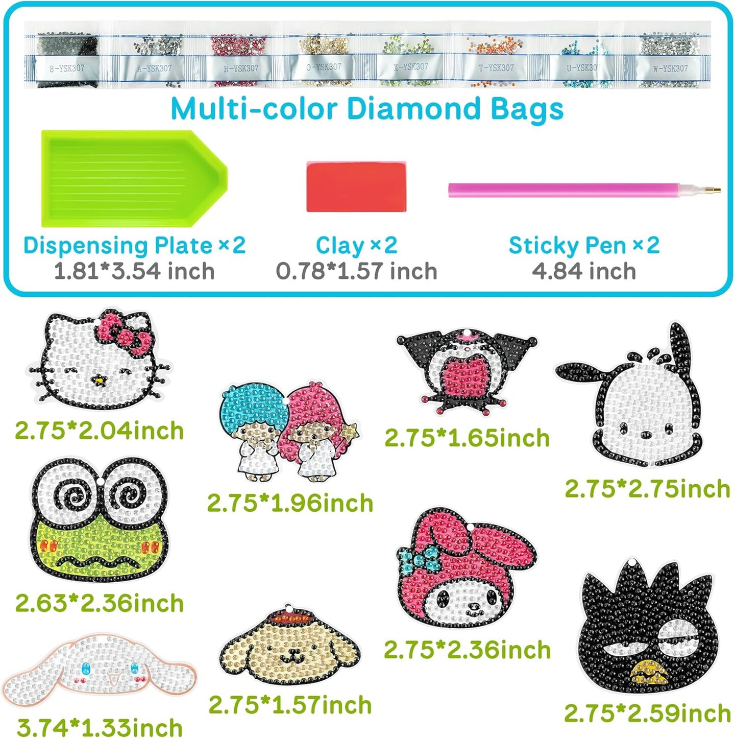 9Pcs Kawaii 5d Diamond Painting Kits Cute Cartoon Anime Kitty Melody Cinnamon Characters Make Your Own Gem Keychains DIY Paint By Numbers Party Favors Toy for Birthday Christmas Gift Stocking Stuffers
