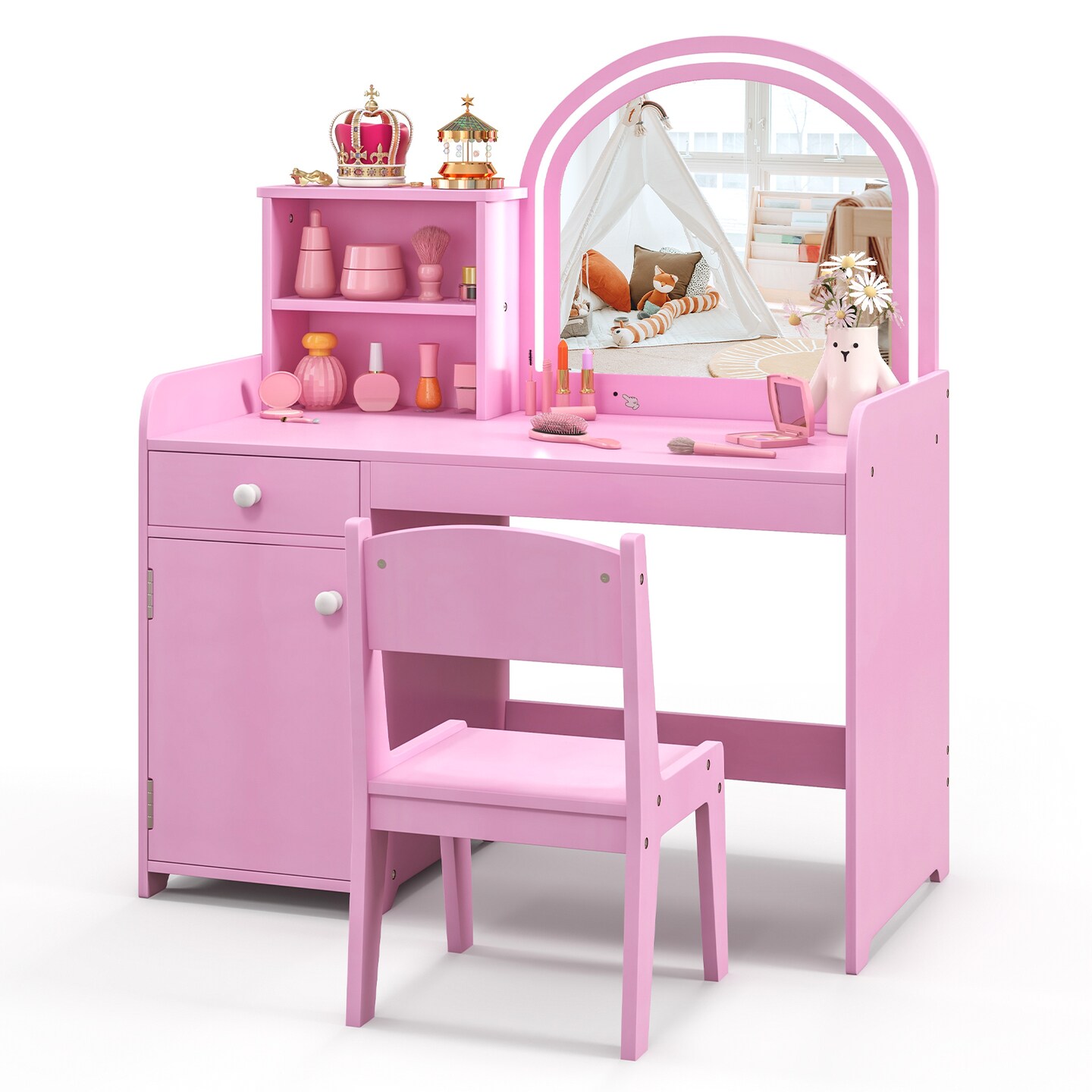 Pink Kids Vanity Table Set with LED Mirror Drawer Cabinet and Chair Perfect for Girls