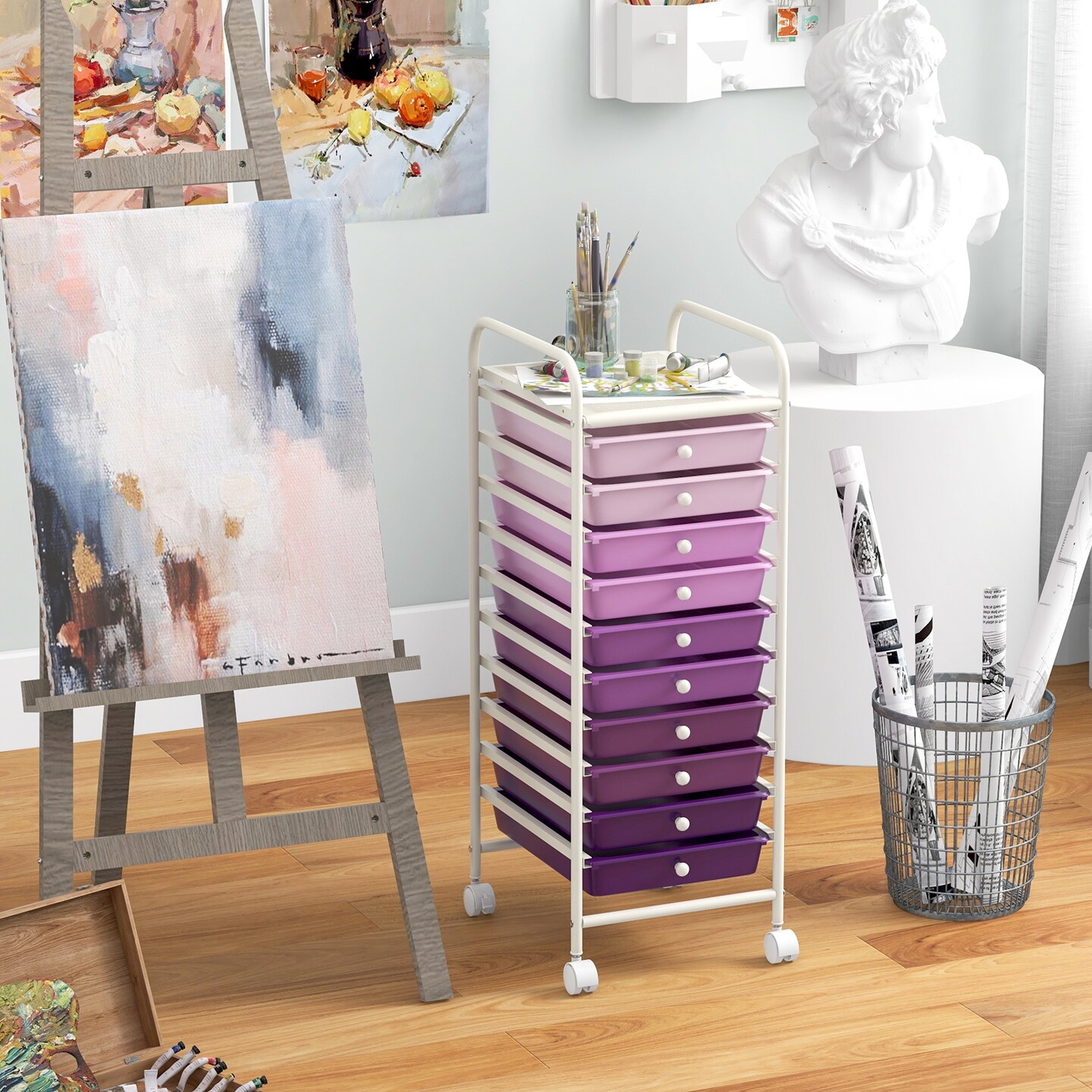10-Drawer Rolling Storage Cart with Clear Drawers Steel Frame and Locking Wheels for Home or Office Use