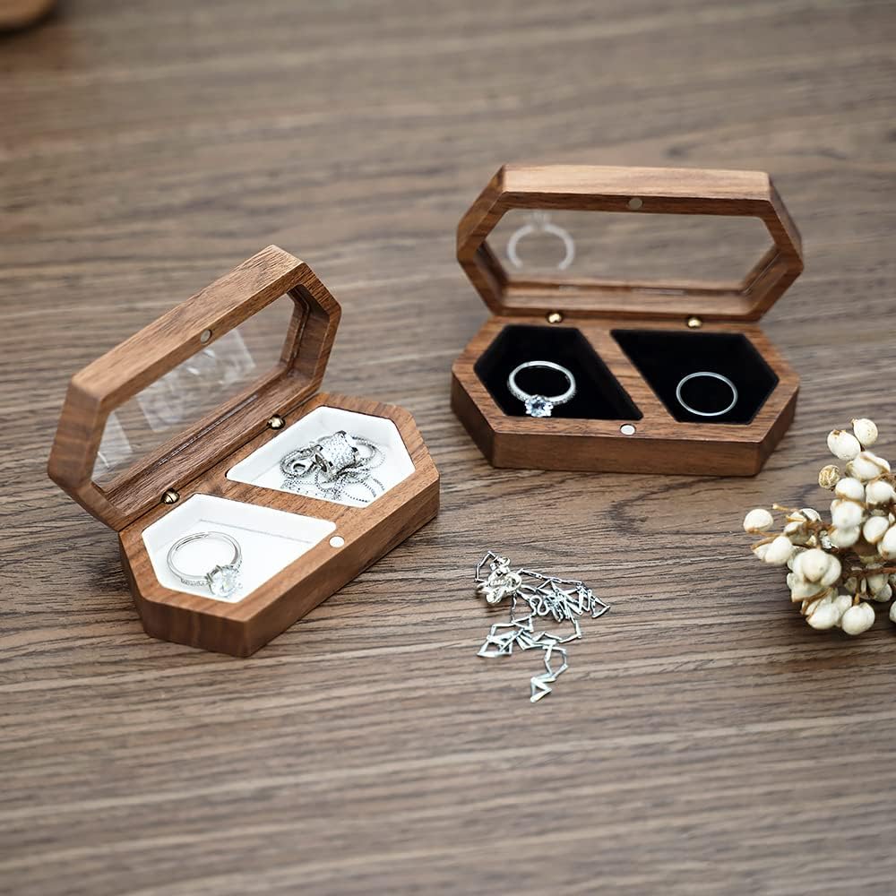 Wooden Ring Box for Wedding Ceremony, Engagement Ring Box for Proposal, Jewelry Organizer, Jewelry Display Box with 2 Slots, Wedding Keepsake Storage