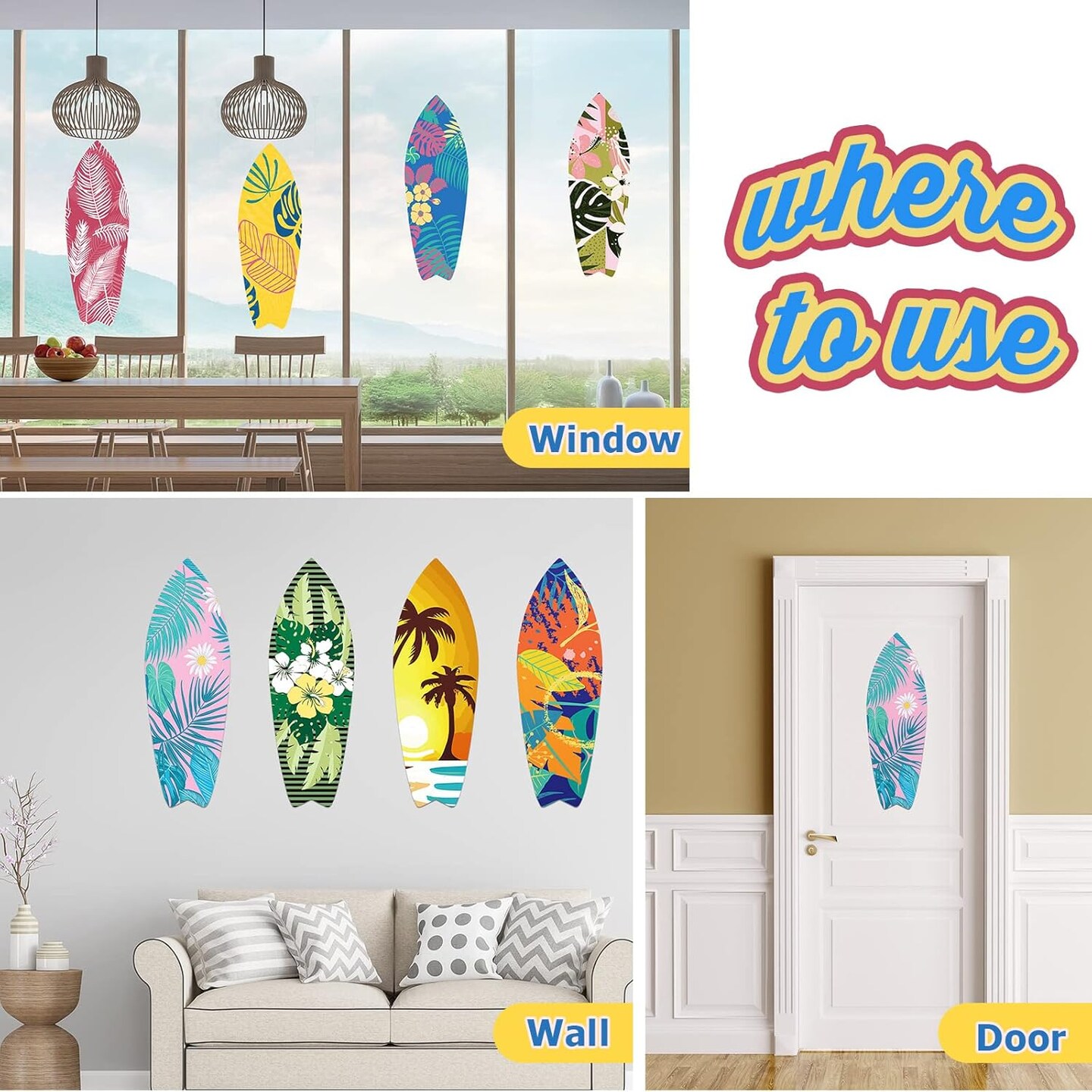 8 Pcs 9 1/2" x 28" Surfboards Cut Out Cardboard Tropical Beach Decorations Surf Board Wall Decoration Hawaiian Party Wall Decor Graphics Surfboard Sign for Summer Pool Surf Party
