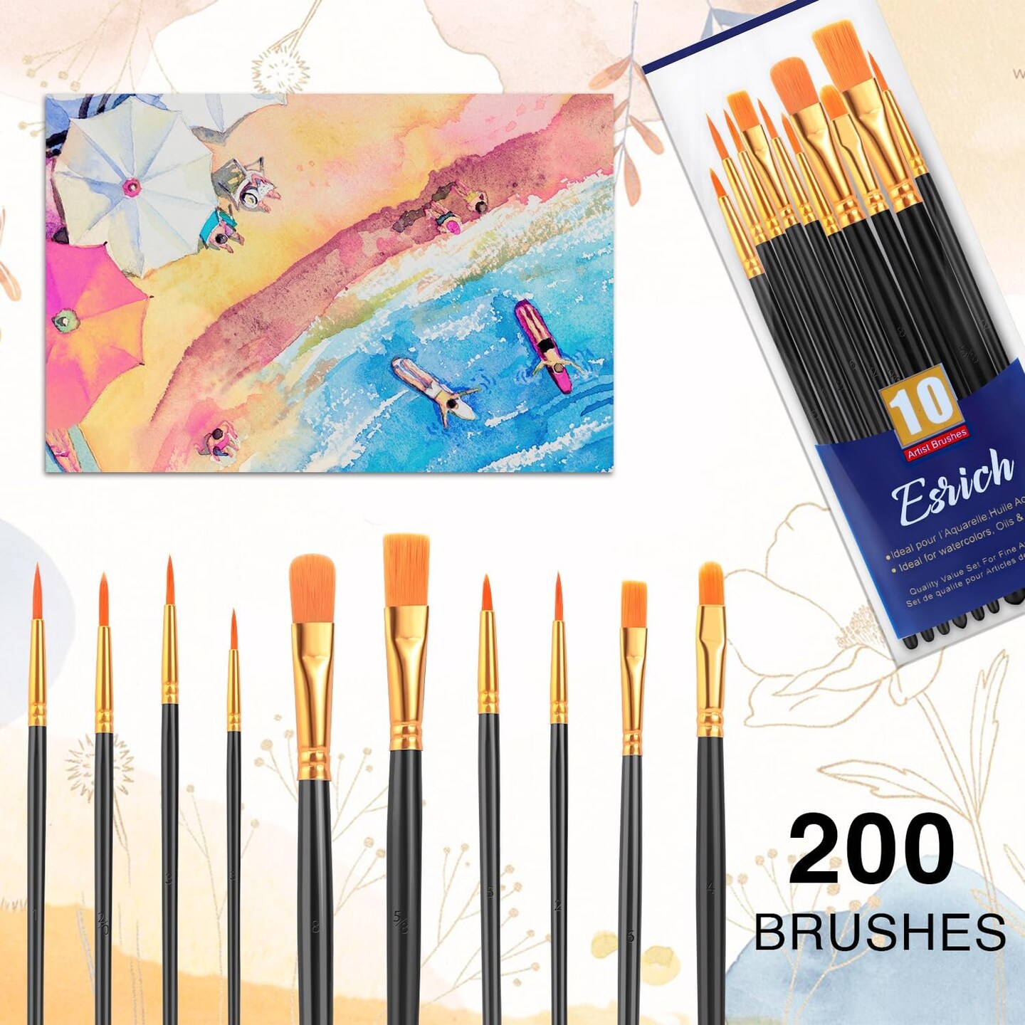 200 PCS Acrylic Paint Brushes – 20 Packs Nylon Brush Set for Kids, Adults, Face, Rock, Oil & Watercolor Painting