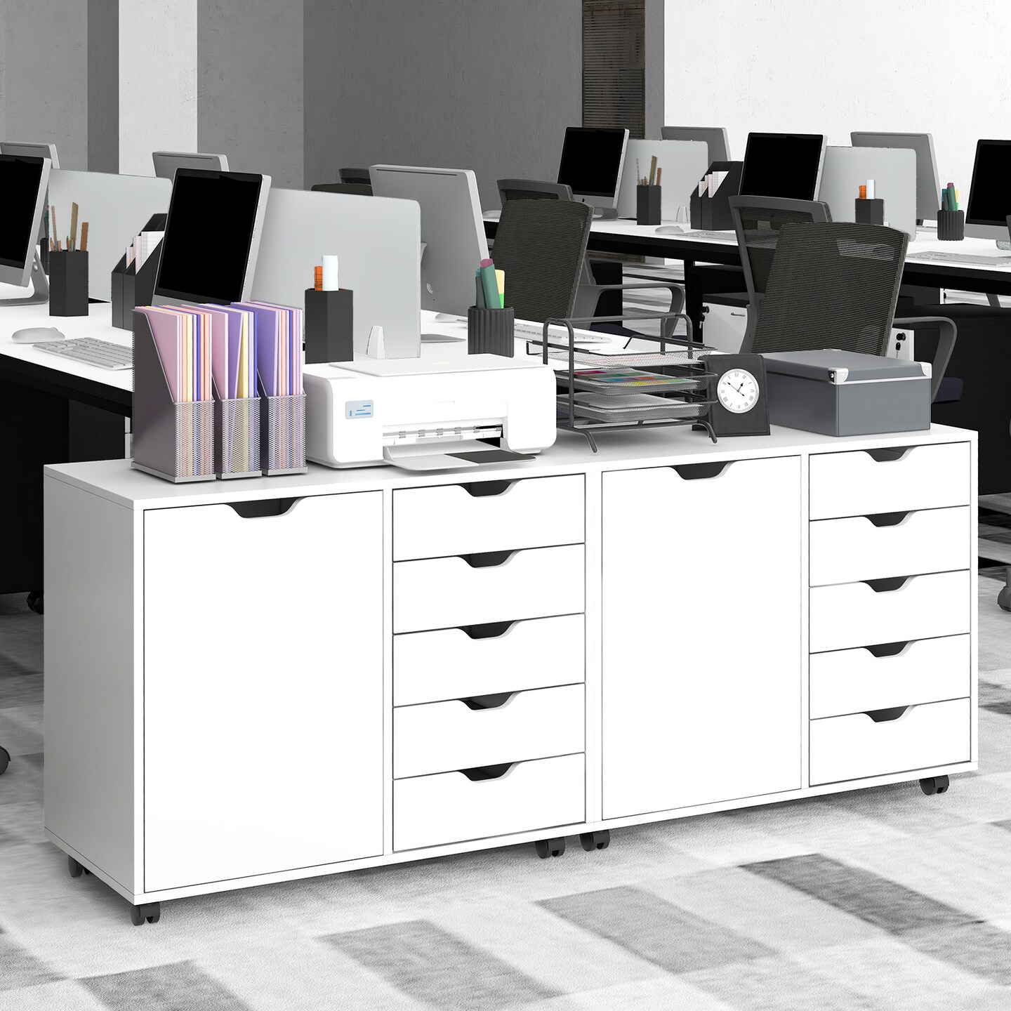 White Engineered Wood Storage Cabinet with Drawers and Swivel Casters