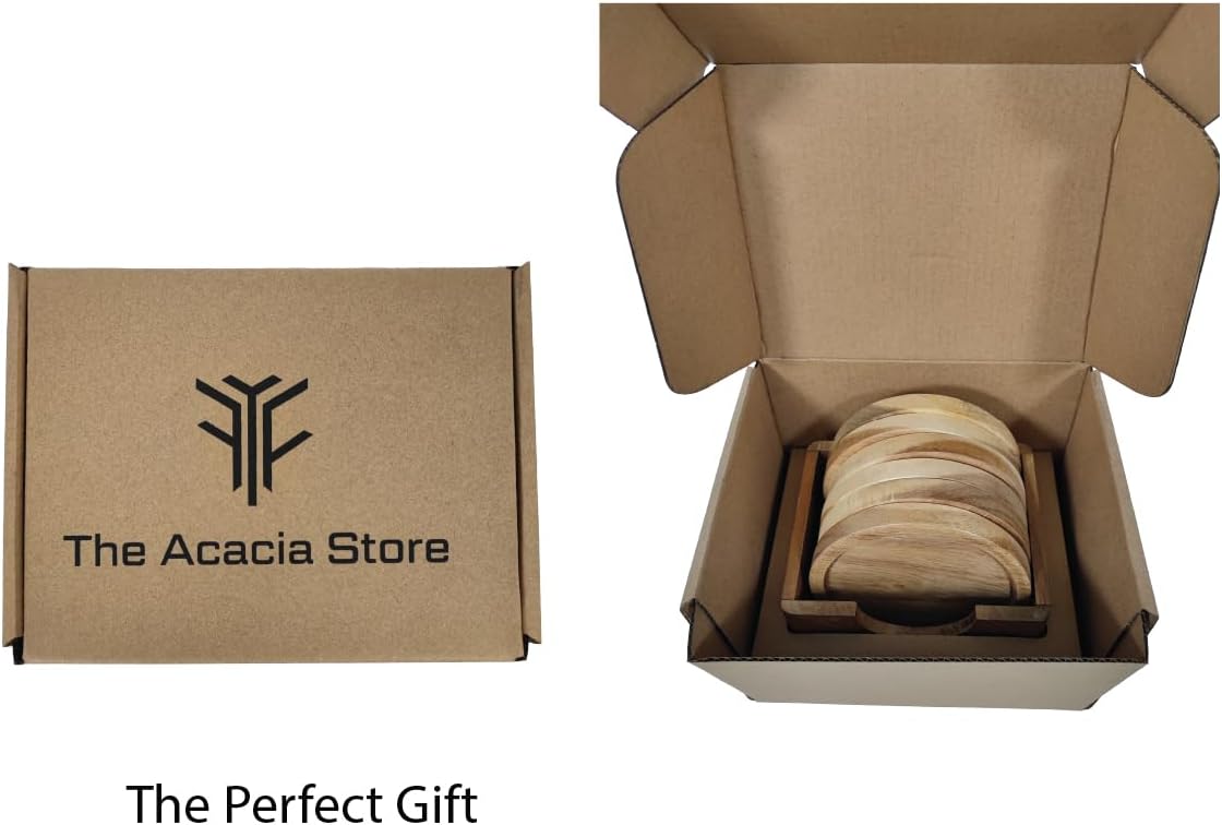 6 Piece Acacia Wood Coaster Set with Holder in a Gift Box, Made from one pc Solid Acacia Wood, Made in Vietnam.