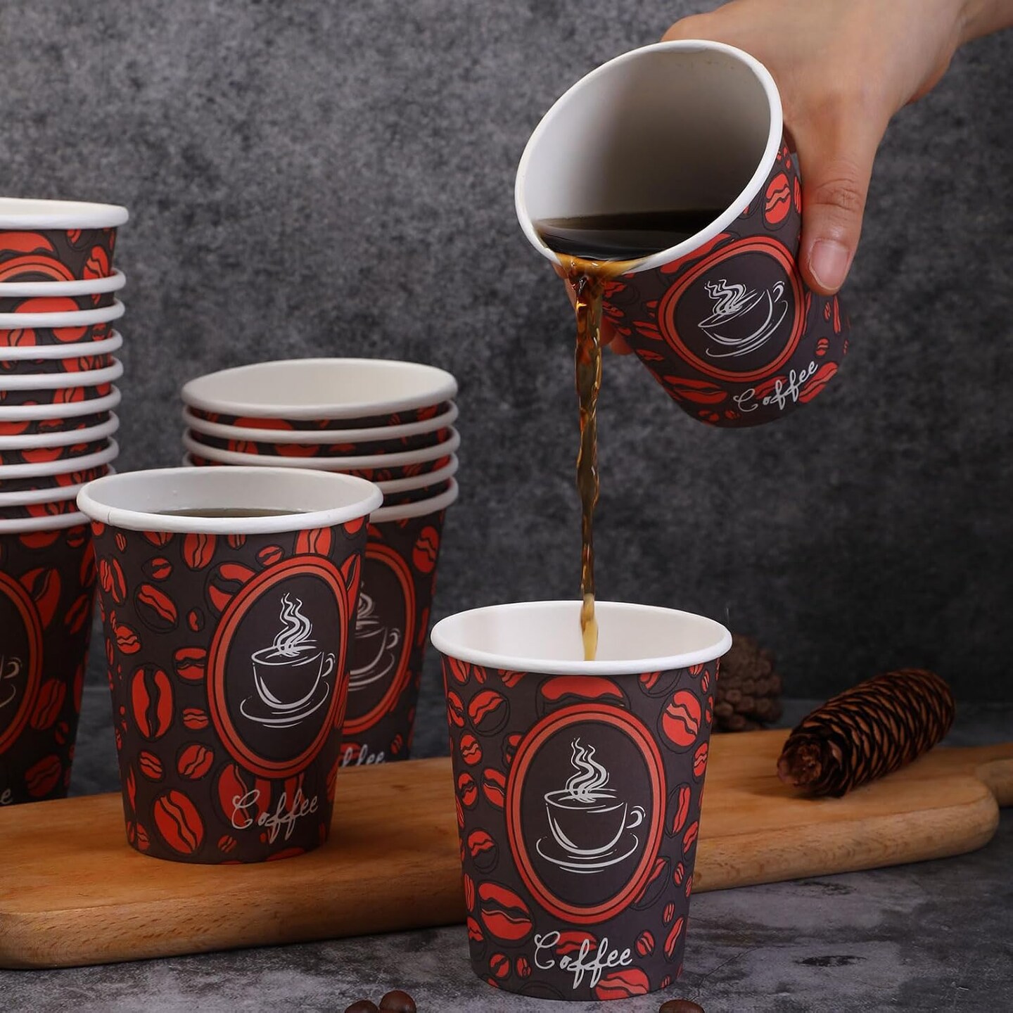 Disposable Paper Coffee Cups with Lids, Perfect For Tea & Hot Drinks - 100 Pack (8 oz, Coffee Bean Design)