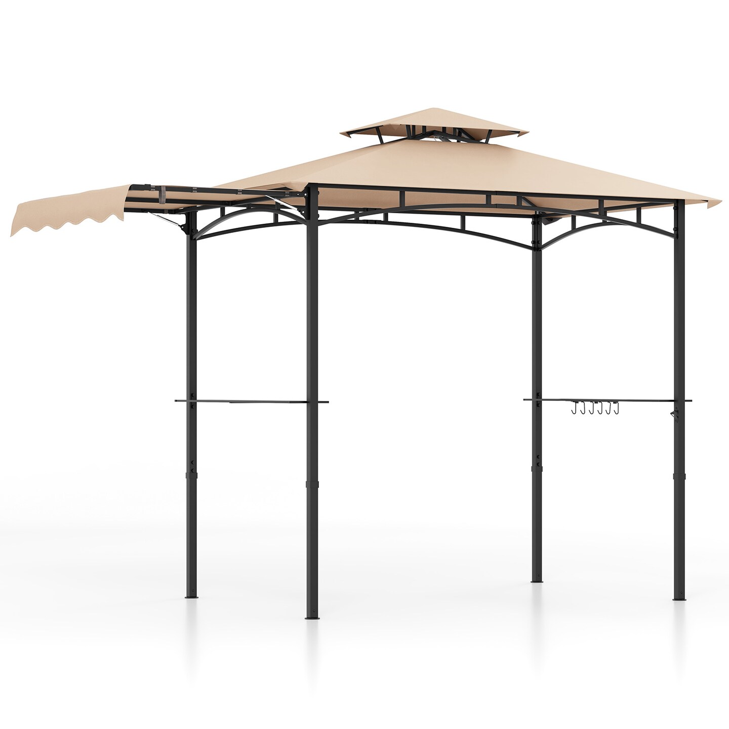 BBQ Grill Gazebo with Side Awning Double Tier Canopy Outdoor Grill Shelter with Shelves and Hanging Hooks