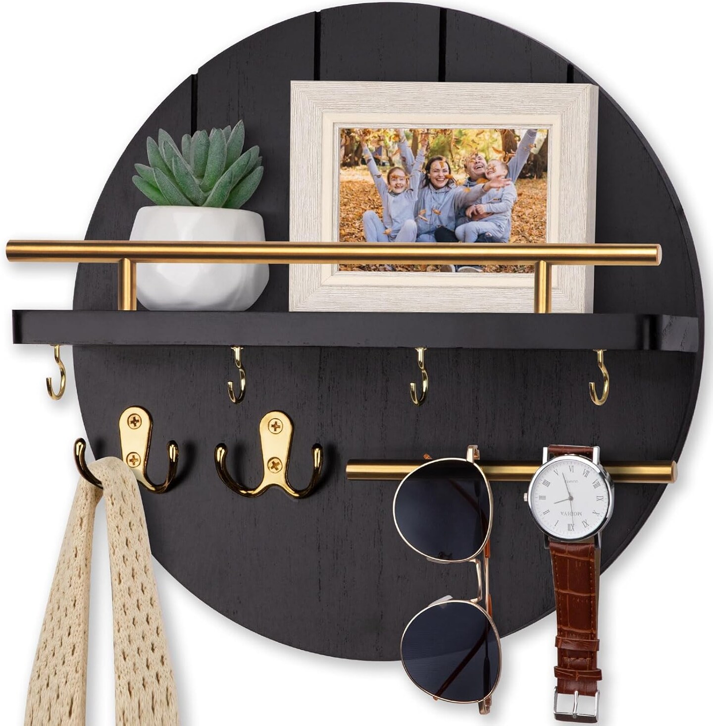 Wall Mount Key Holder, 11.8 Inch Rack With Shelf and 6 Hooks, Rustic Mail Organizer, Circular Wooden Hanger for Entryway Hallway Kitchen (Black&Gold)