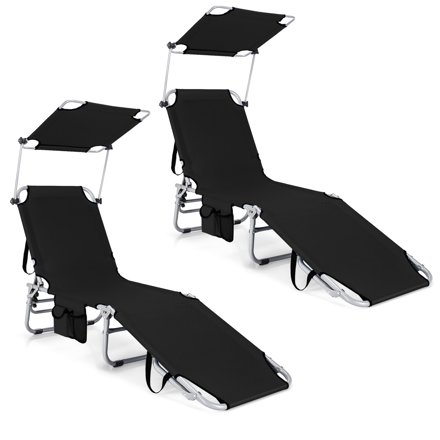 Set of 2 Portable Reclining Chair Set with Canopy and Storage Pocket