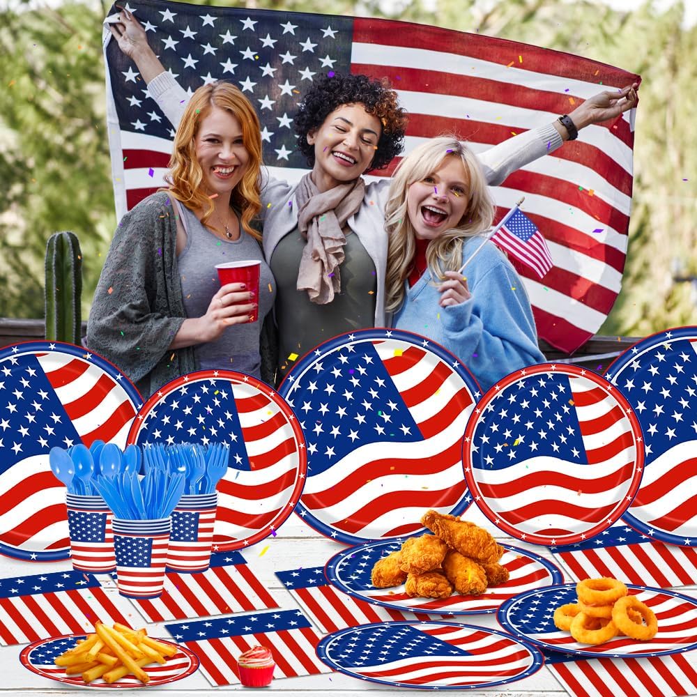 140Pcs 4th of July Party Supplies Tableware Set Independence Day Plates and Napkins for American Memorial Day Decorations Stars and Stripes Patriotic Decorations Paper Plates, Serves 20