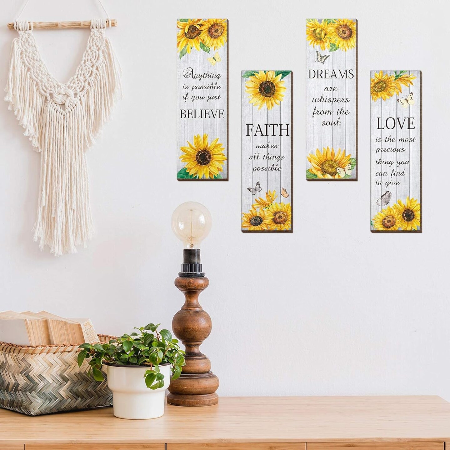 4 Pcs Summer Sunflower Wall Decor Inspirational Sunflower Kitchen Decor and Accessories Wooden Rustic Farmhouse Yellow Flowers Wall Art Decoration for Home Bathroom Office Living Room(White)
