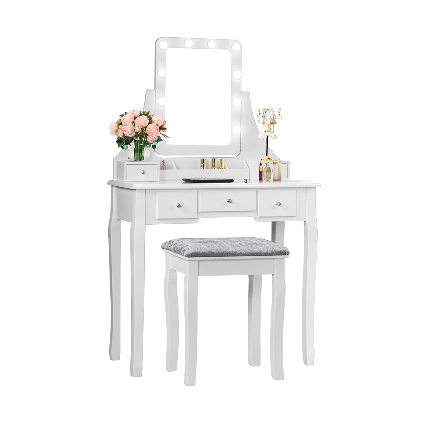 White 10 LED Mirror Makeup Vanity with Stool 7 Storage Drawers Removable Cosmetic Organizer