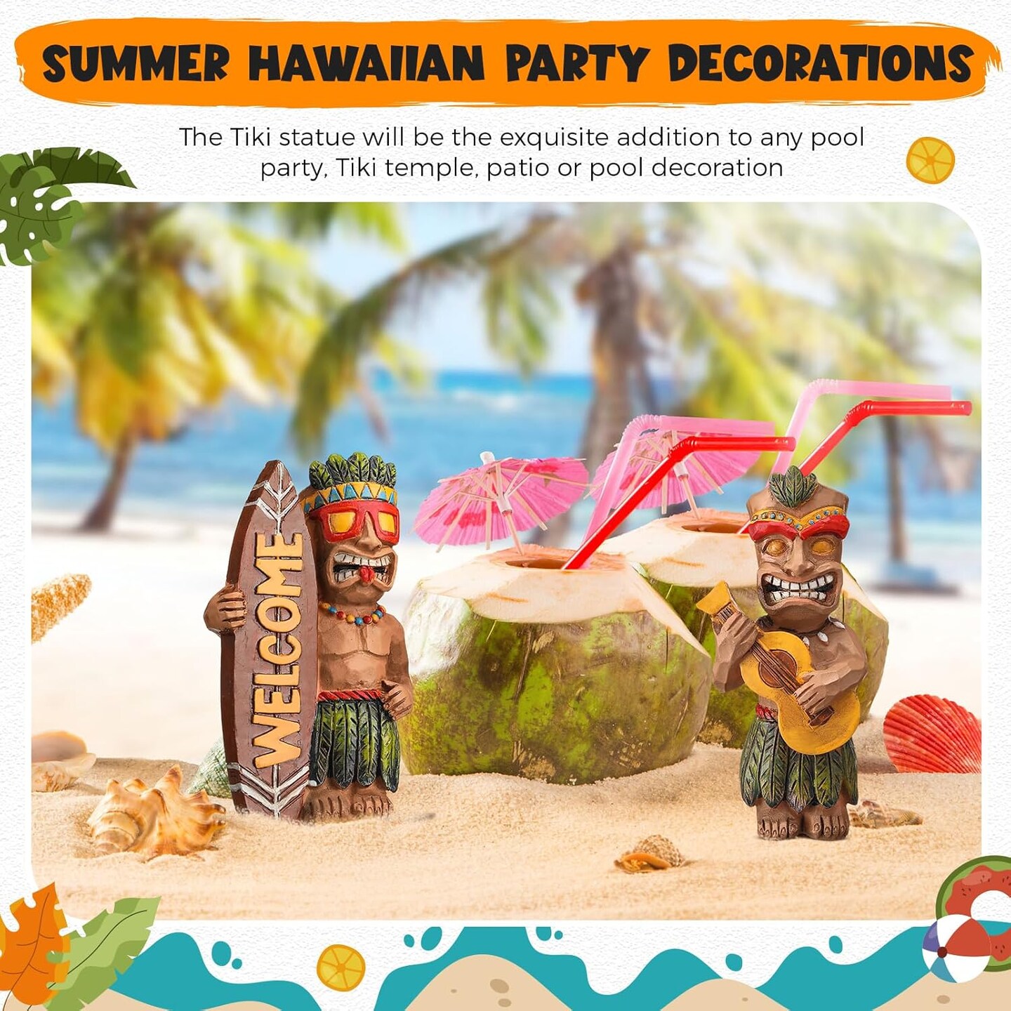 2 Pcs Welcome Tiki Statue with Surfboard Ukulele Mini Hawaiian Tiki Resin Decorations Hawaii Miniature Dashboard Doll Bar Figurines Table Centerpieces for Summer Bar Home Office Party Gifts