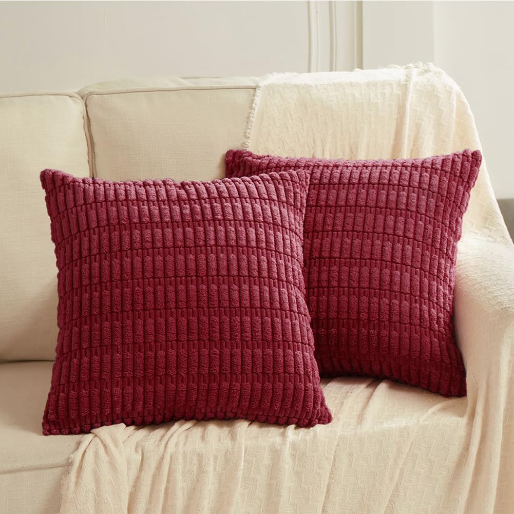 2 Packs Christmas Wine Red Decorative Throw Pillow Covers 16x16 Inch for Living Room Couch Bed Sofa, Modern Farmhouse Boho Home Decor, Soft Corduroy Burgundy Square Cushion Case 40x40 cm