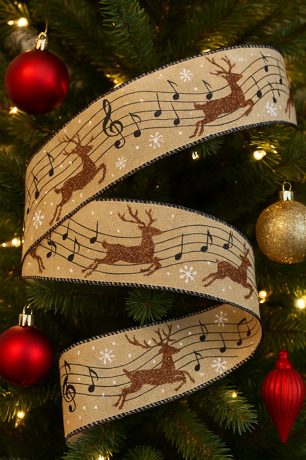 Designer&#x2019;s Shop Christmas Musical Glitter Reindeer wired edge ribbon WR 63-5173 2.5&#x201D; x 10 yards