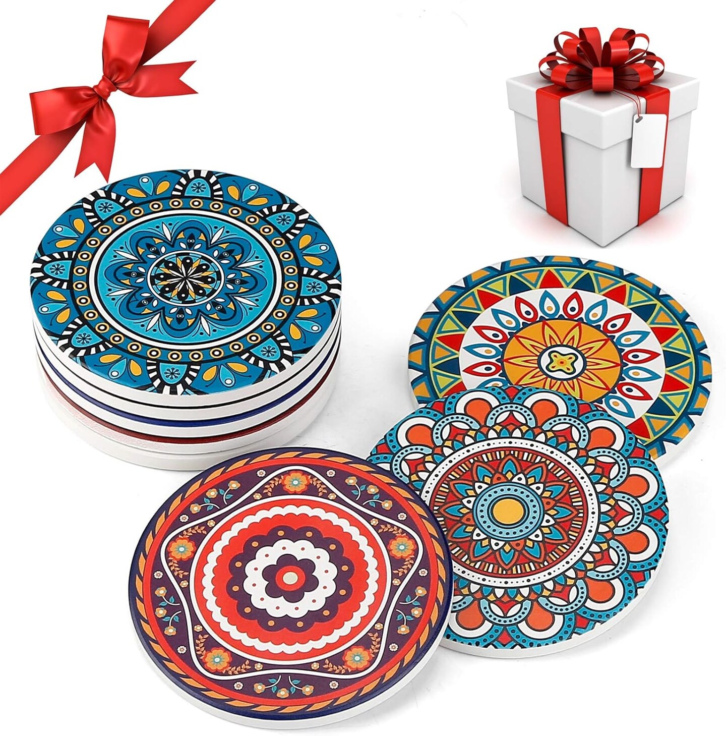 Coasters for Drinks,Set of 8 Absorbent Stone Coasters for Wooden Table, Mandala Ceramic with Cork Base, Gift for Housewarming Birthday and Family - Great Home and Dining Room Decor